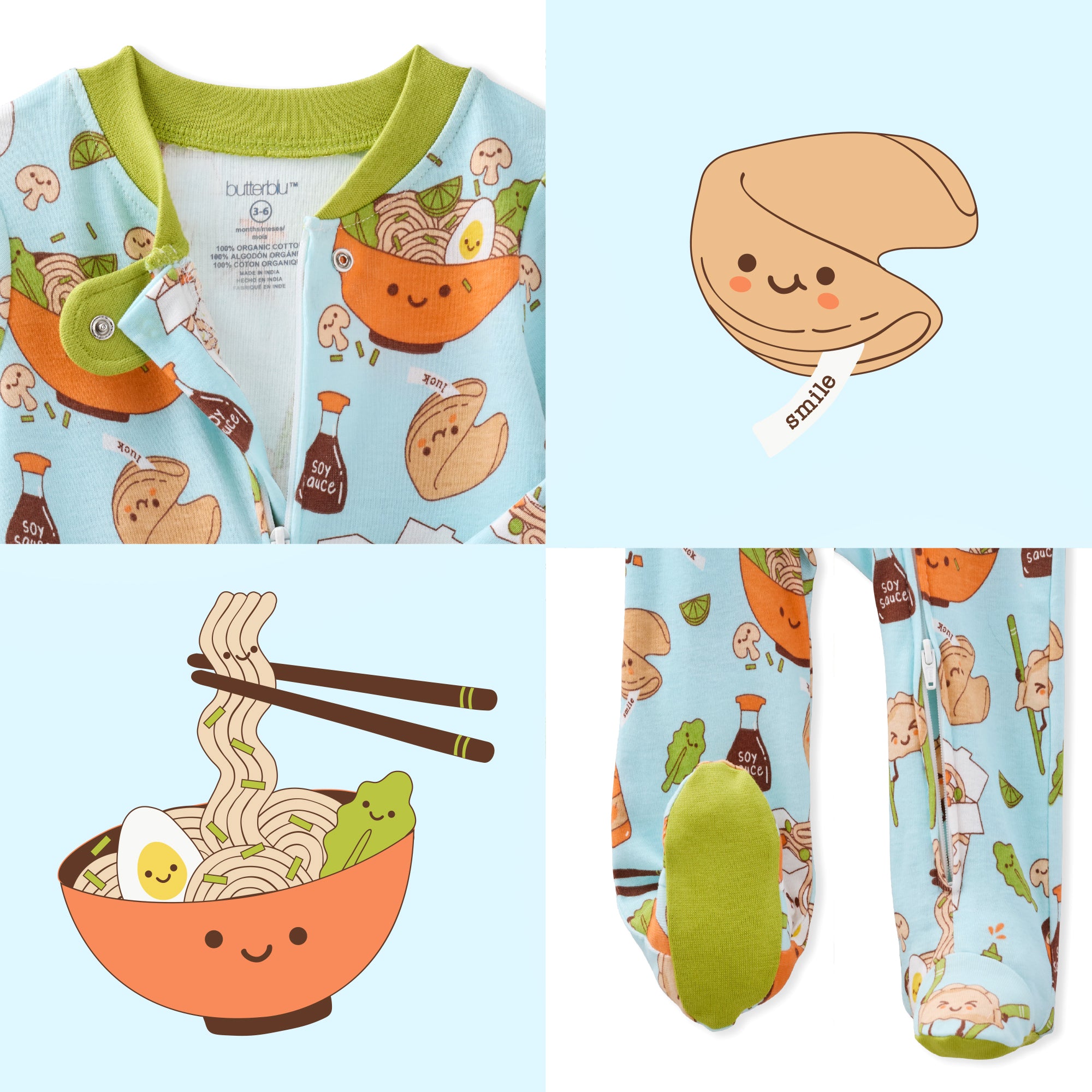 Baby outfit with cartoon noodle bowl and bun design on a light blue background