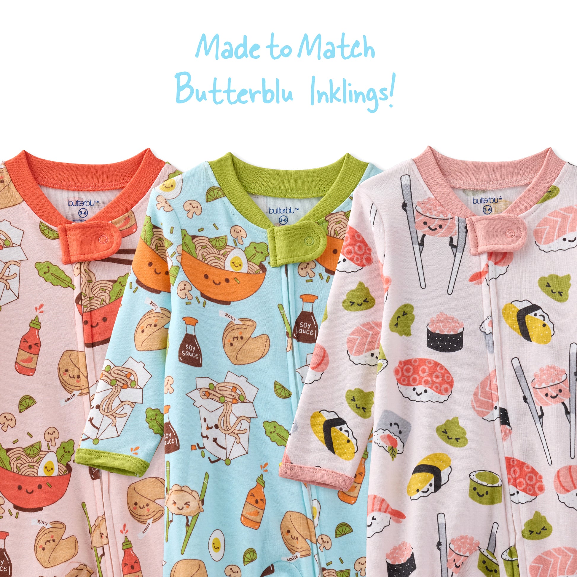 Three children's pajamas with cartoon food patterns and 'Butterblu Inklings' branding.