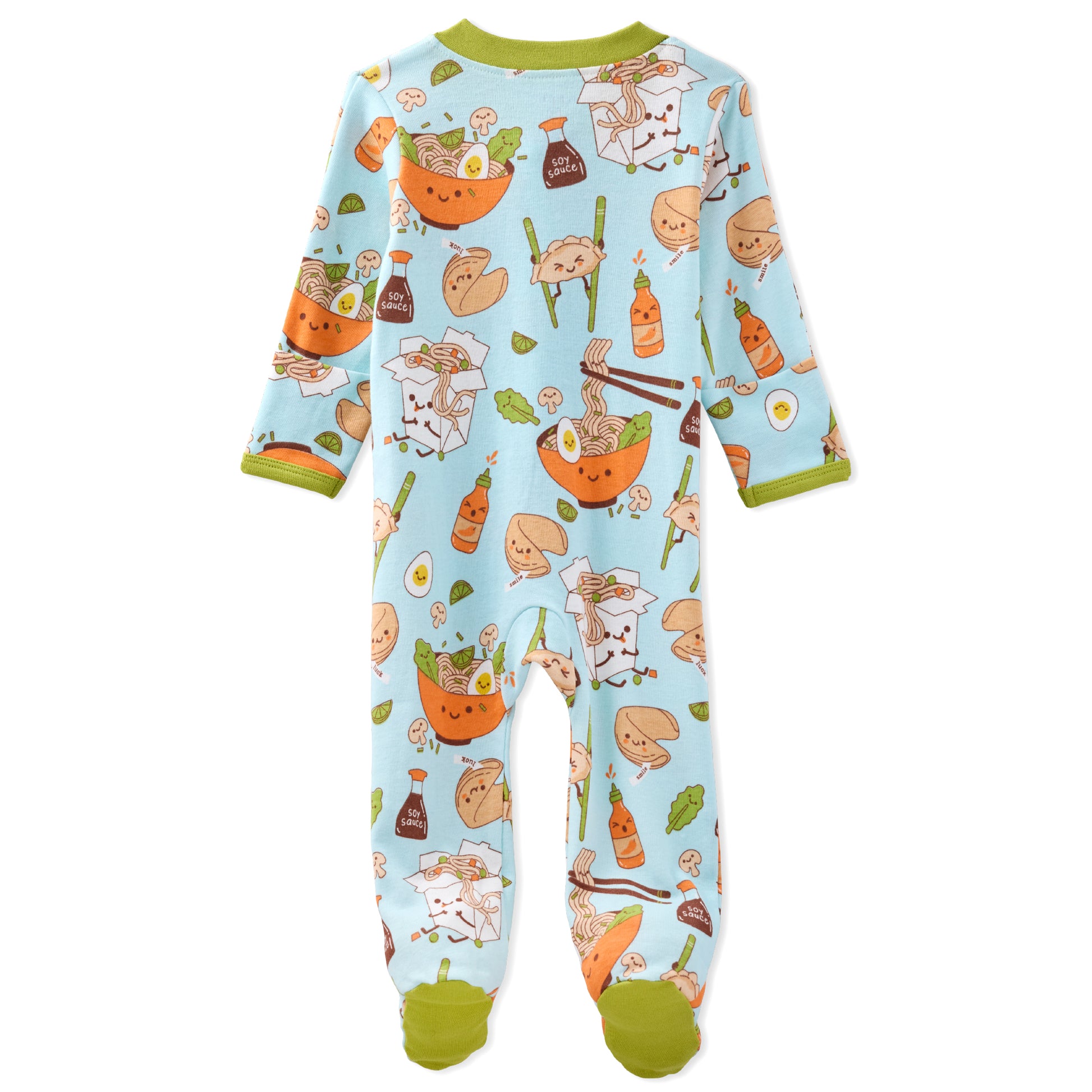 Children's onesie with cartoon food design on a light blue background