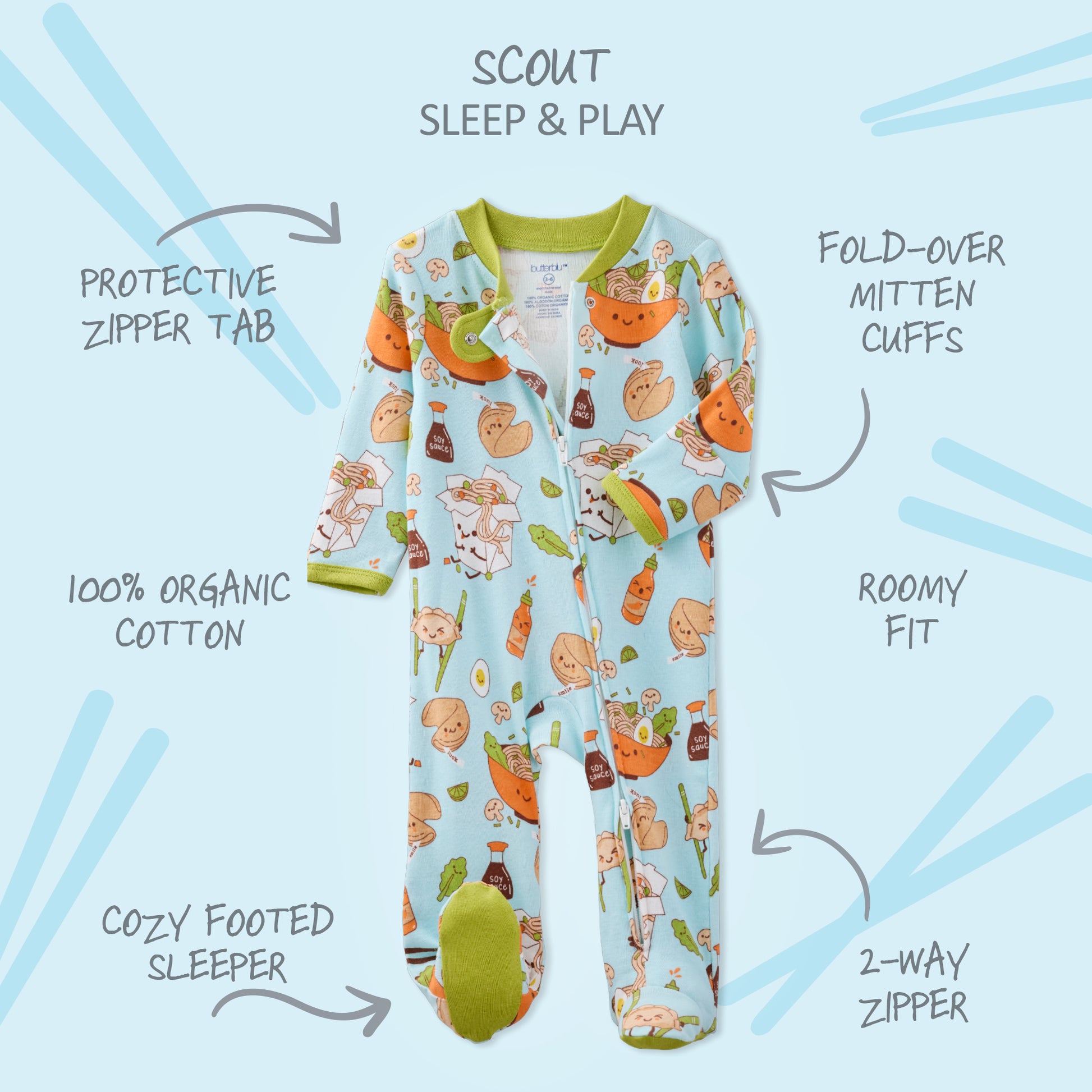 Children's onesie with cartoon print on a light blue background, featuring text labels about the product.