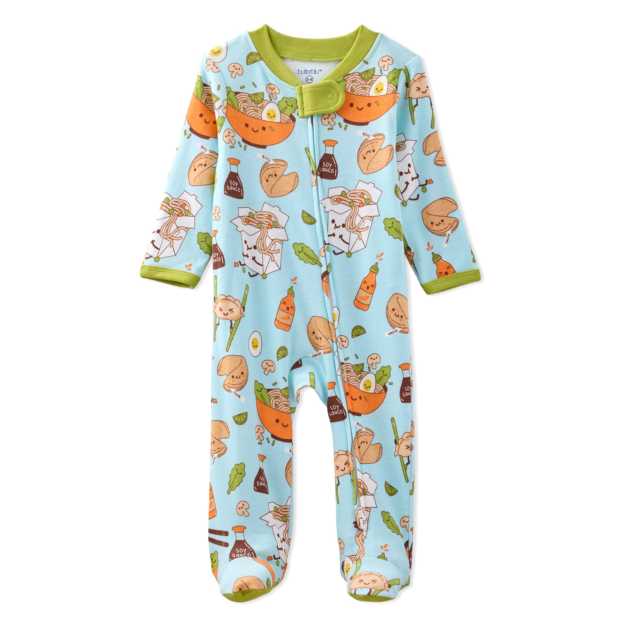 Baby onesie with cartoon print on a white background