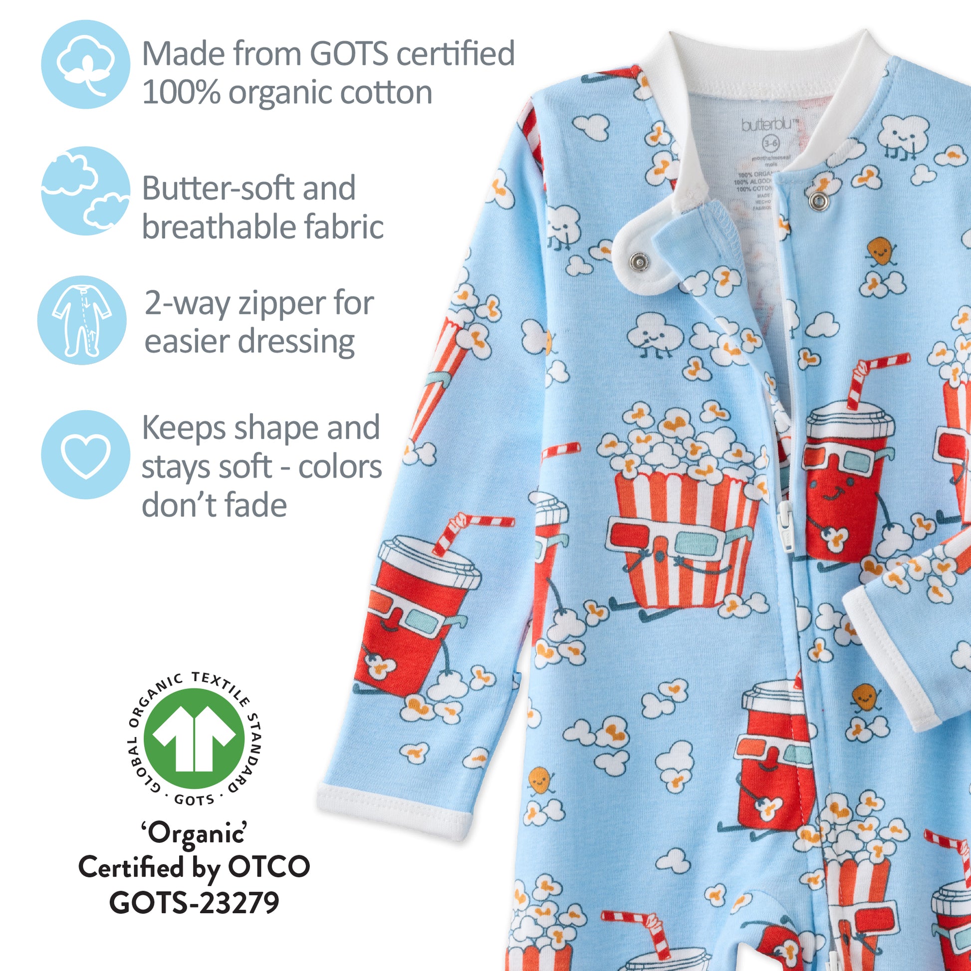 Butterblu Scout sleep and play baby boys pajamas in Butter Together — GOTS-certified organic cotton footed pajamas with two-way zipper