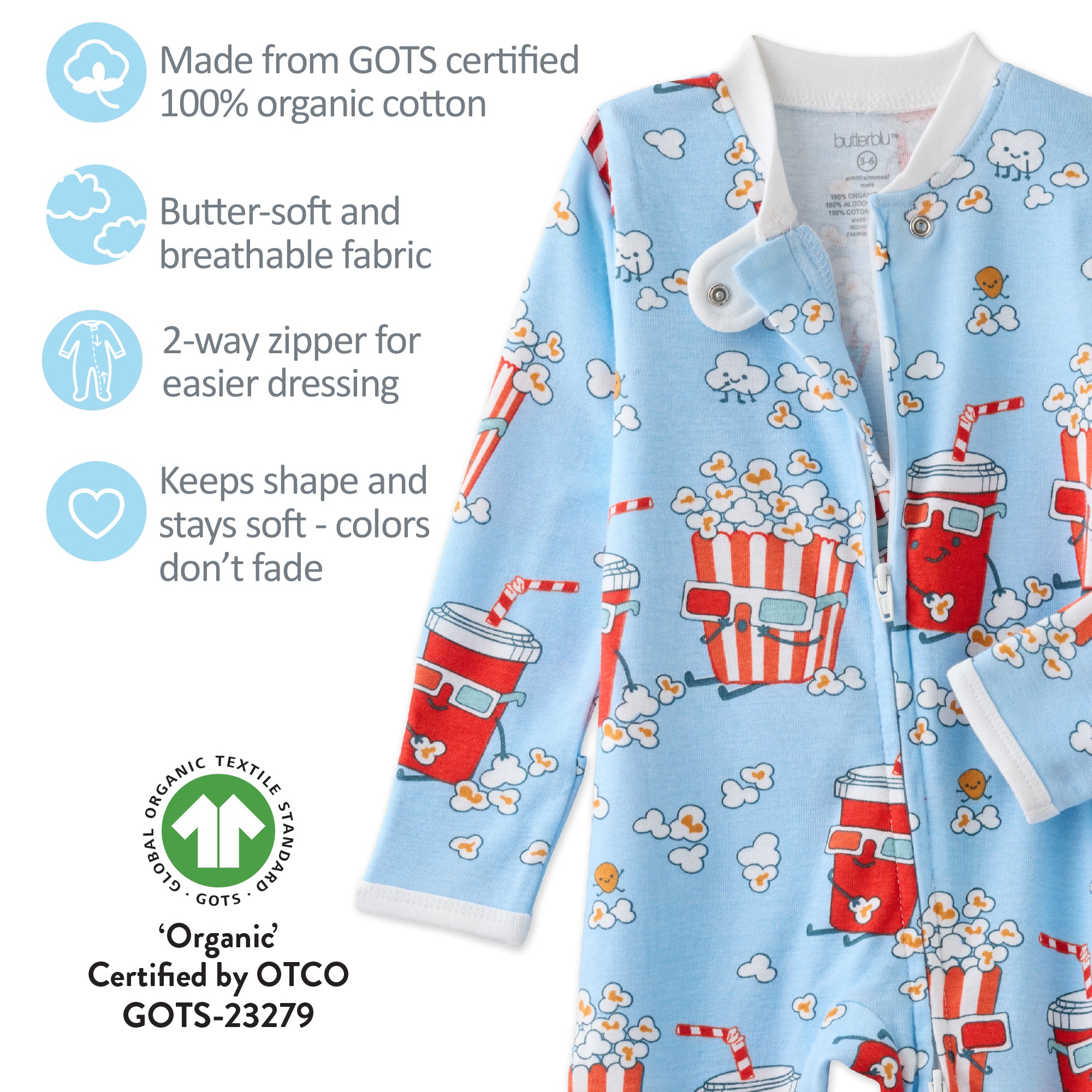 Butterblu Scout sleep and play baby boys pajamas in Butter Together — GOTS-certified organic cotton footed pajamas with two-way zipper