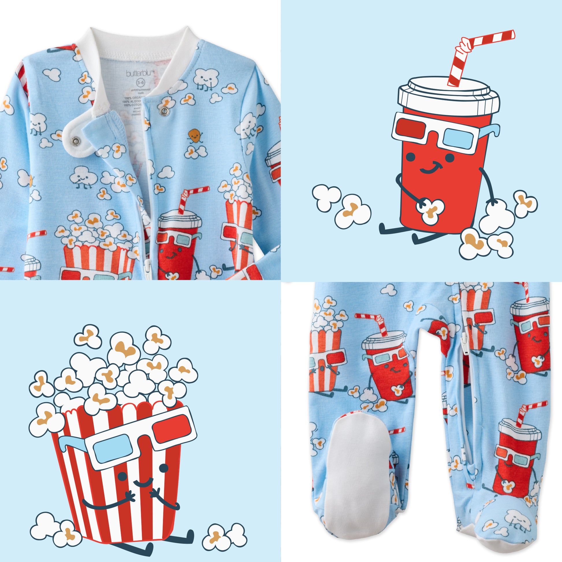 Butterblu Scout sleep and play baby boys pajamas in Butter Together — GOTS-certified organic cotton footed pajamas with two-way zipper