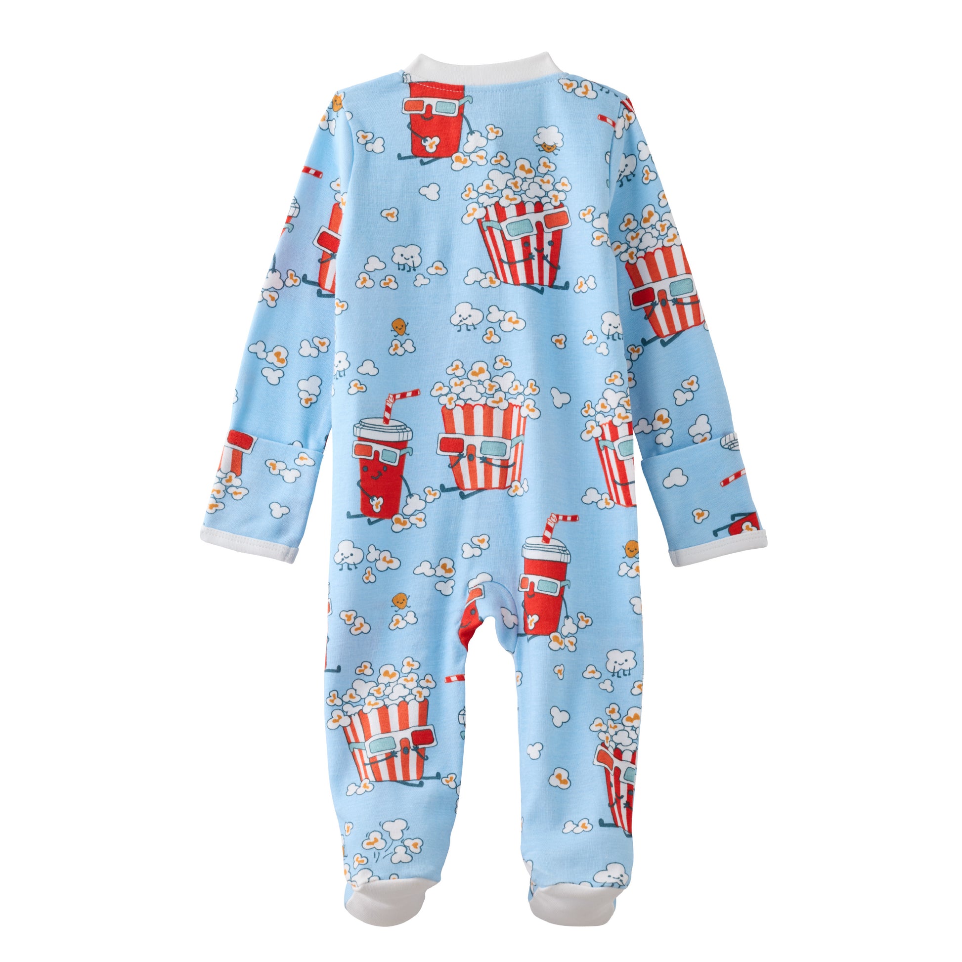 Children's onesie with popcorn and soda pattern on a light blue background