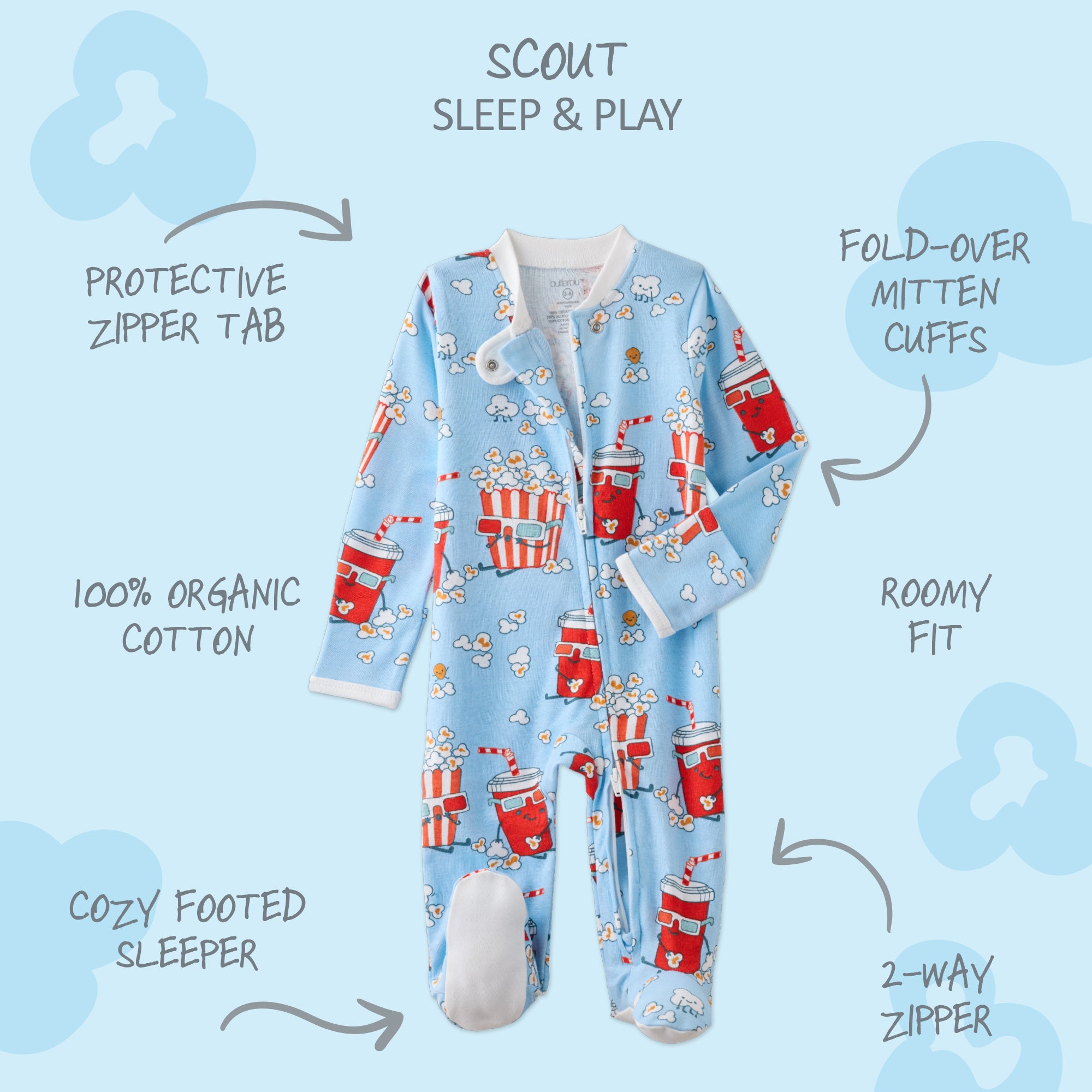 Baby sleep and play outfit with features highlighted on a blue background