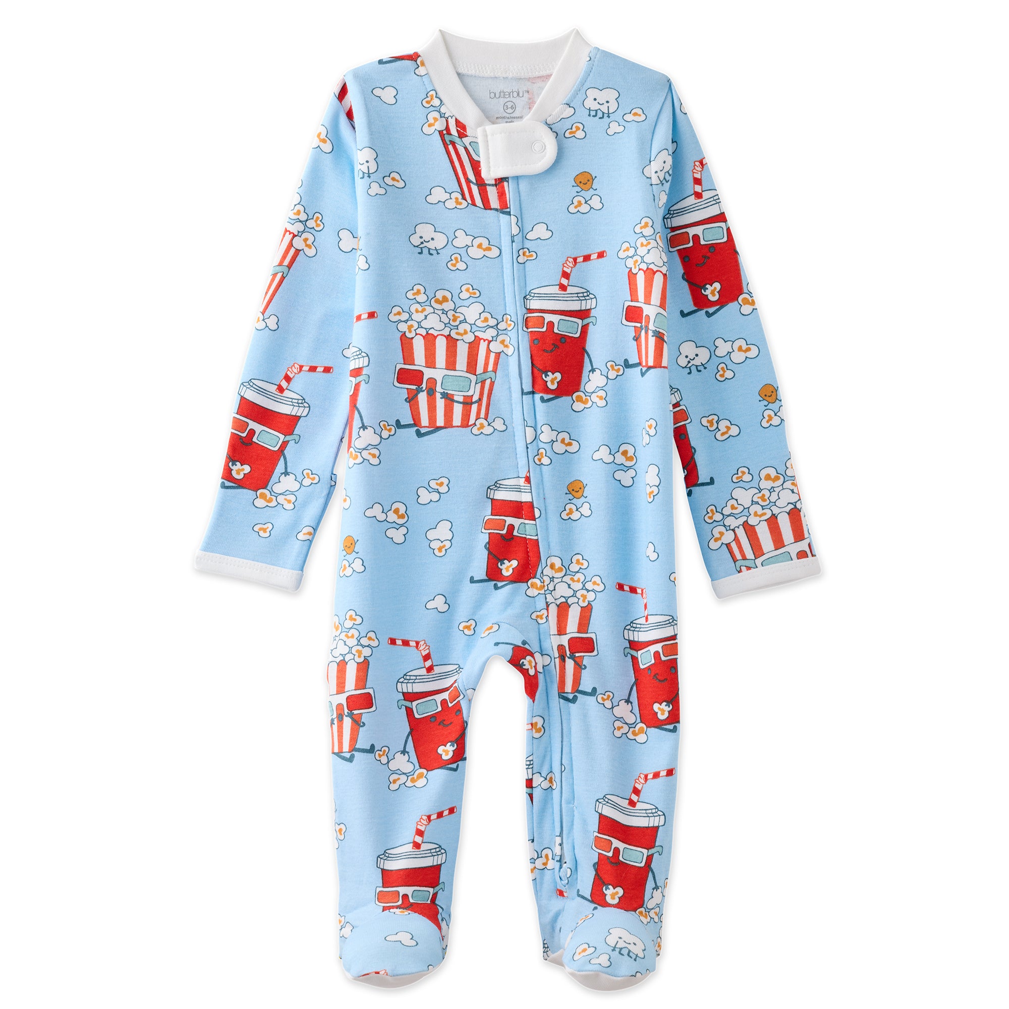 Children's onesie with popcorn and soda pattern on a light blue background