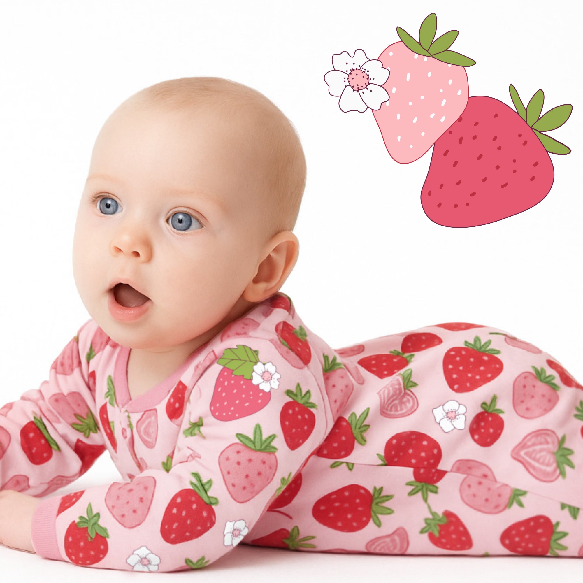 Baby wearing a pink outfit with strawberry pattern, surrounded by cartoon strawberries and flowers.