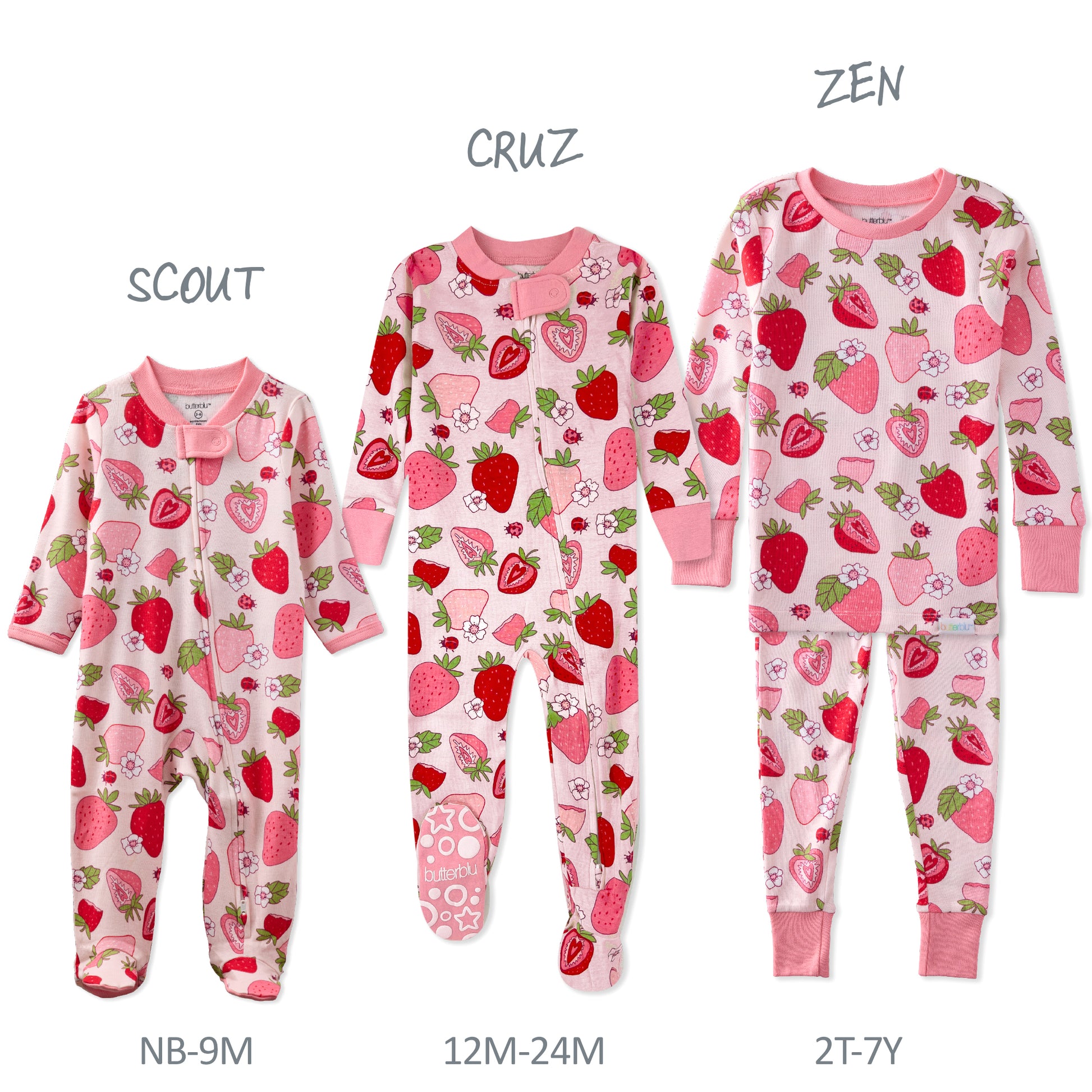 Three sizes of strawberry-patterned pajamas with labels for Scout, Cruz, and Zen on a white background.