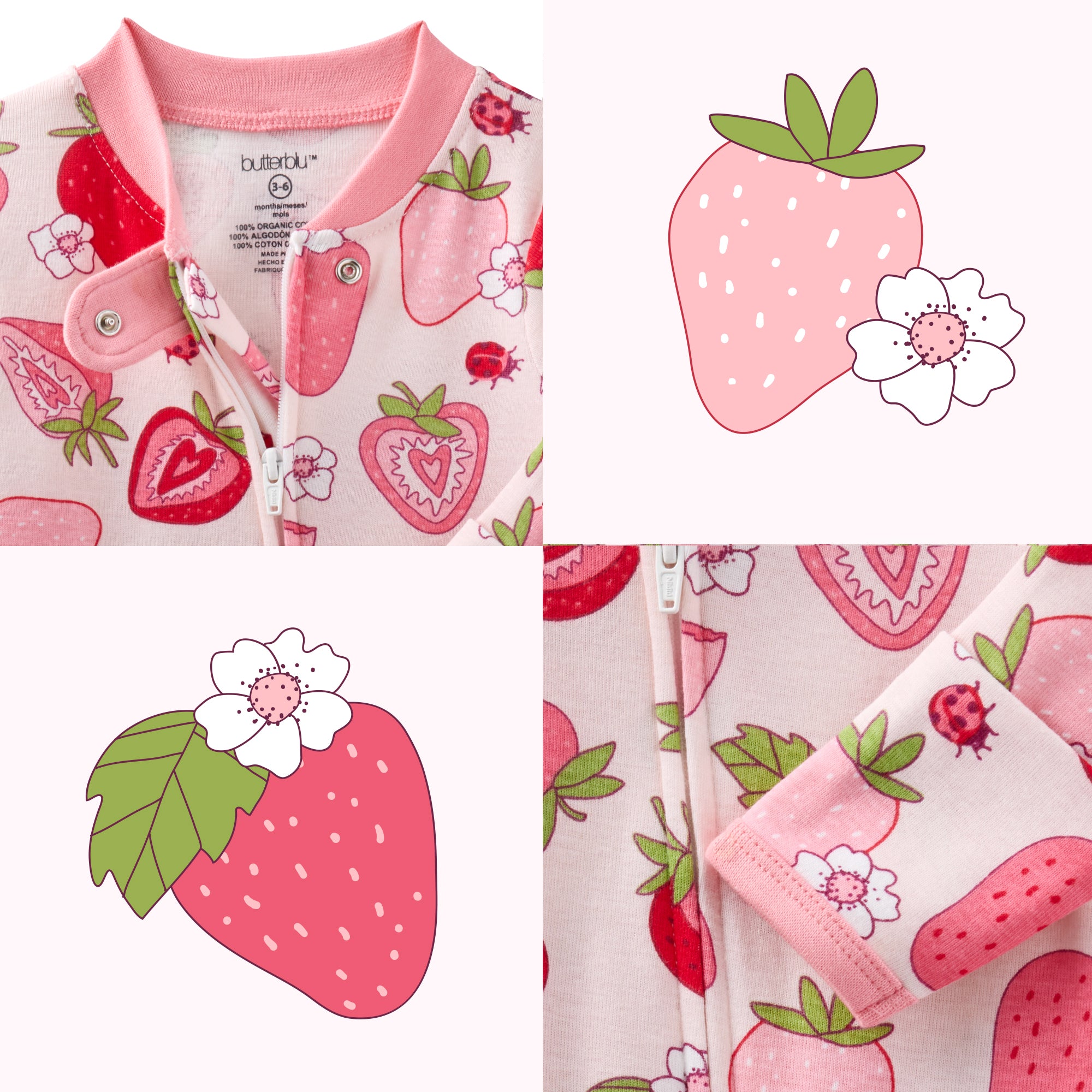 Children's pajama set with strawberry pattern on a white background