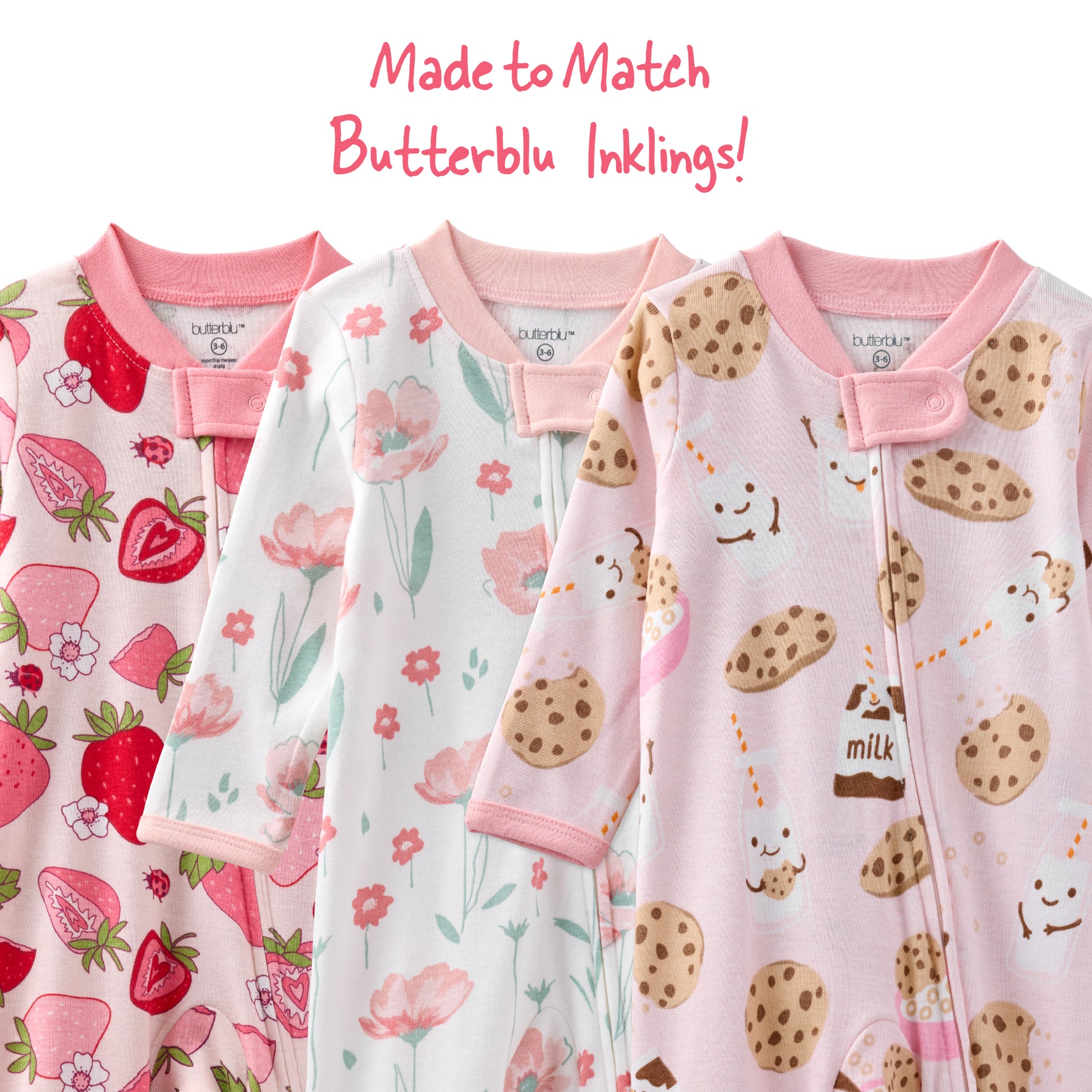 Three baby rompers with different patterns on a white background, labeled 'Made to Match Butterblu Inklings'.