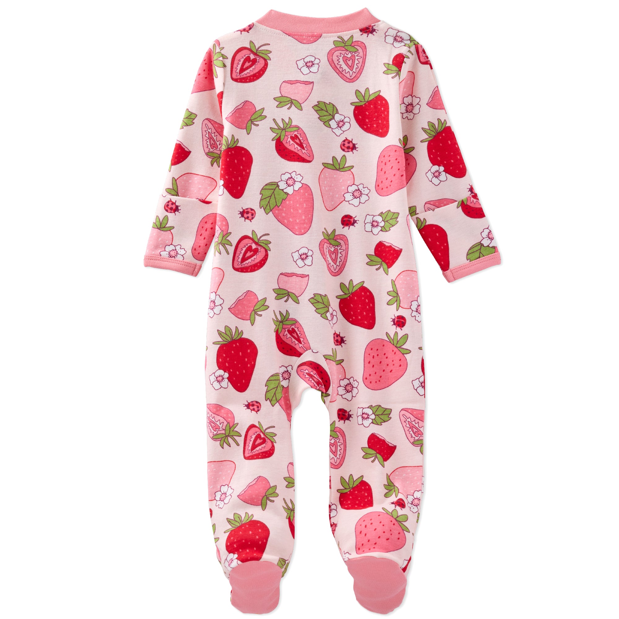 Baby onesie with strawberry pattern on a white background
