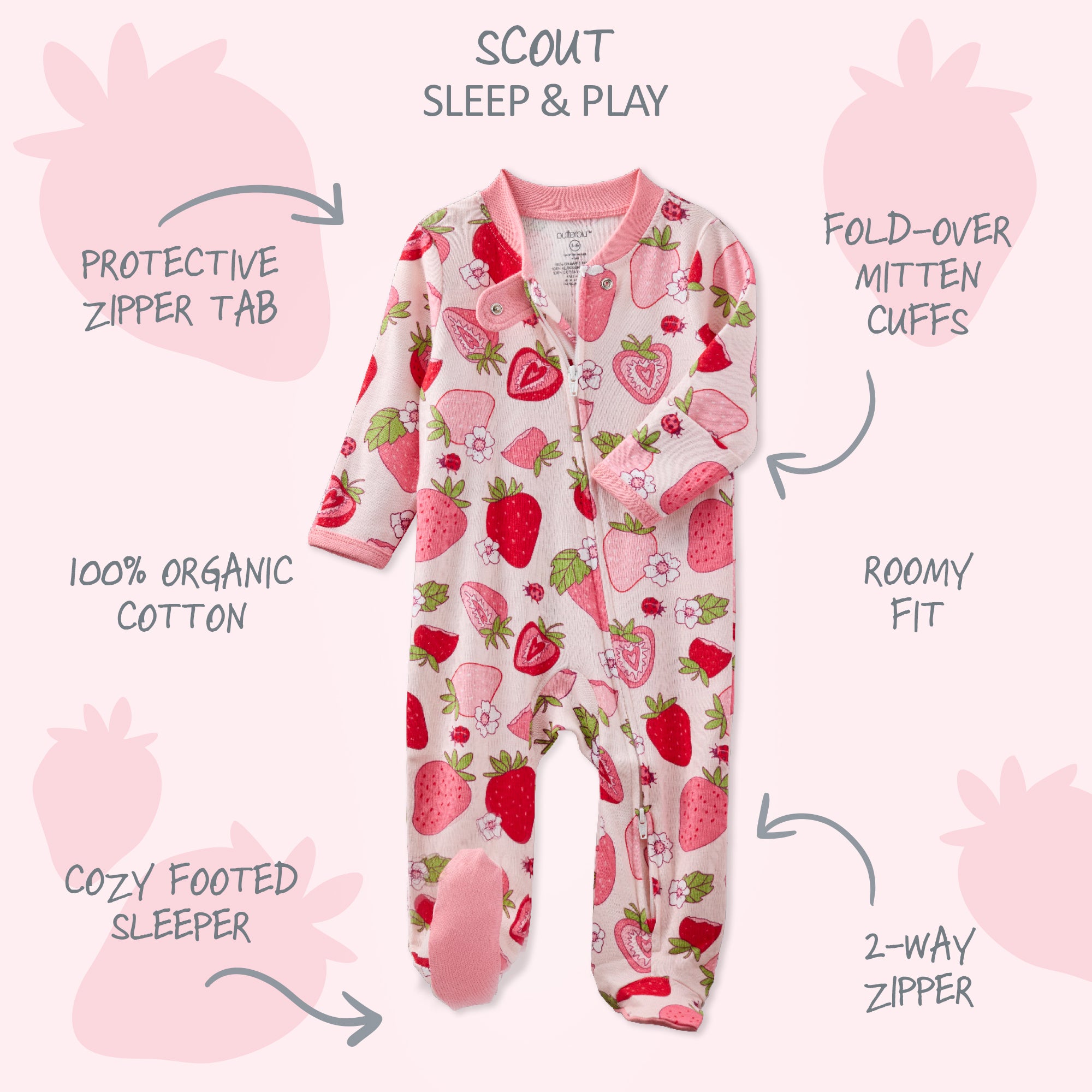 Children's strawberry-patterned sleep and play with features highlighted on a white background