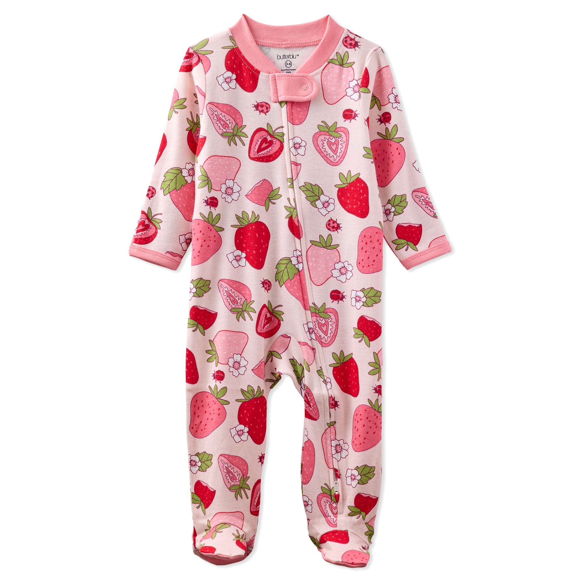 Baby onesie with strawberry pattern on a white background