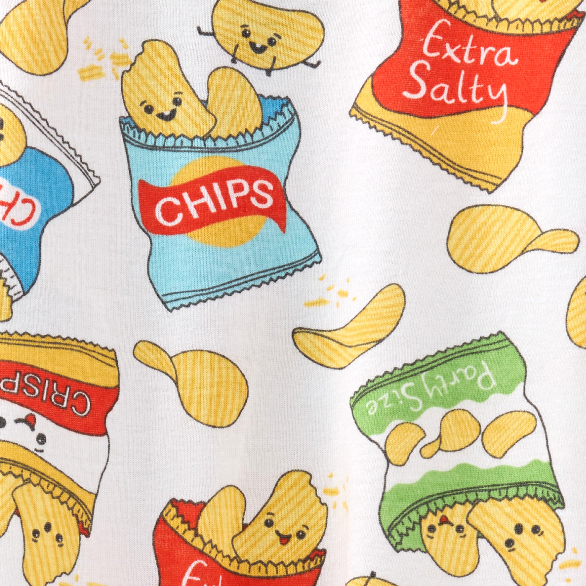 Pattern of cartoon-style potato chips and bags on a white background
