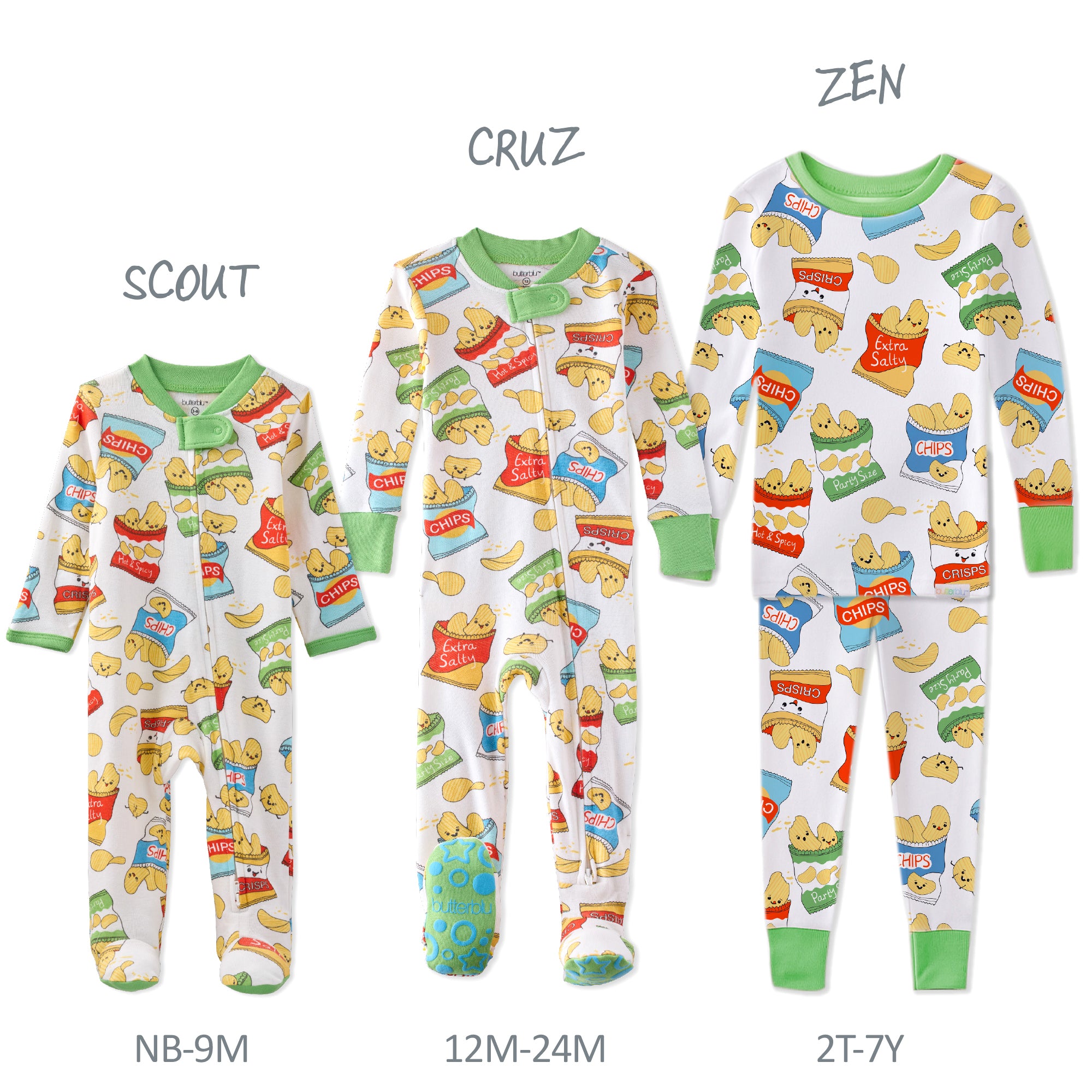 Three children's pajamas with different patterns and sizes on a white background.