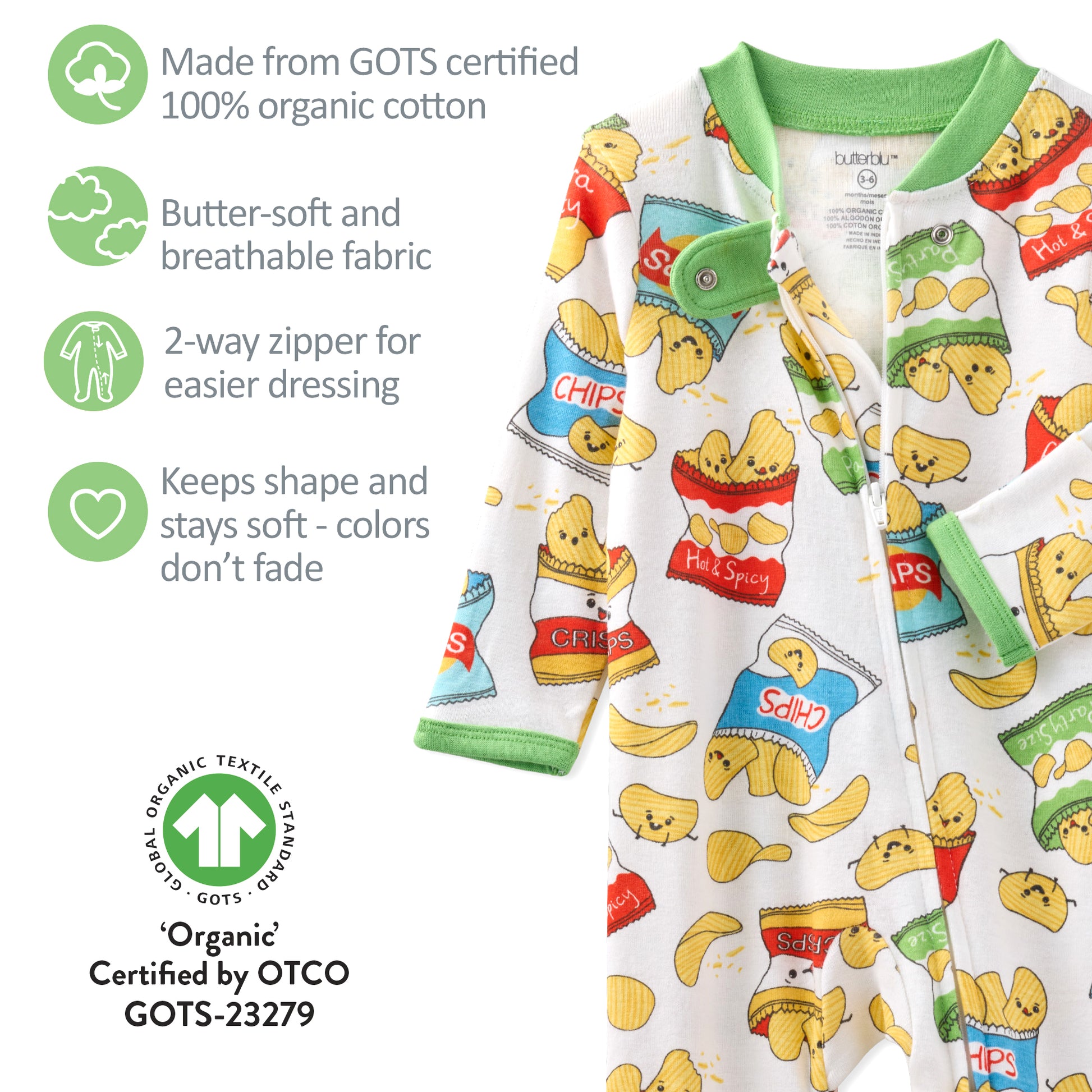 Children's pajama set with cartoon design on a white background, featuring organic cotton certification.