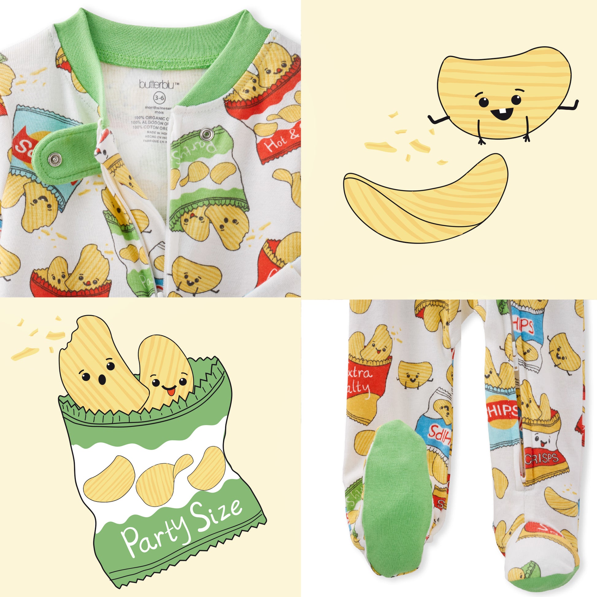 Baby onesie with potato chip design on a light yellow background