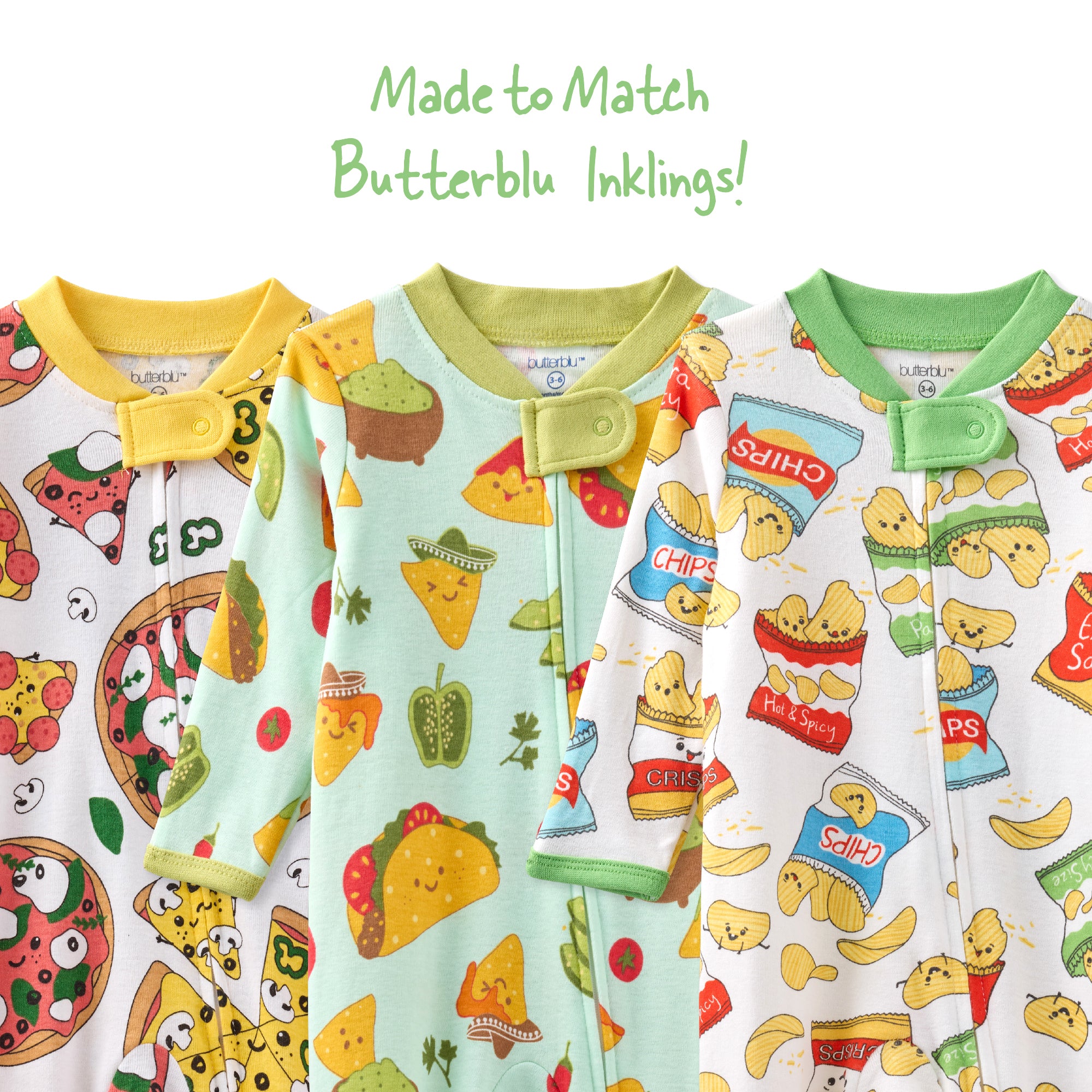 Four children's pajamas with various prints on a white background