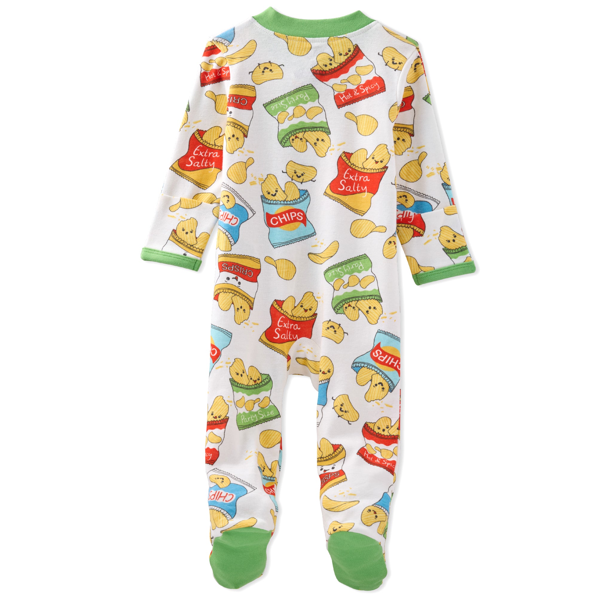 Children's onesie with cartoon character and snack bag design on a white background