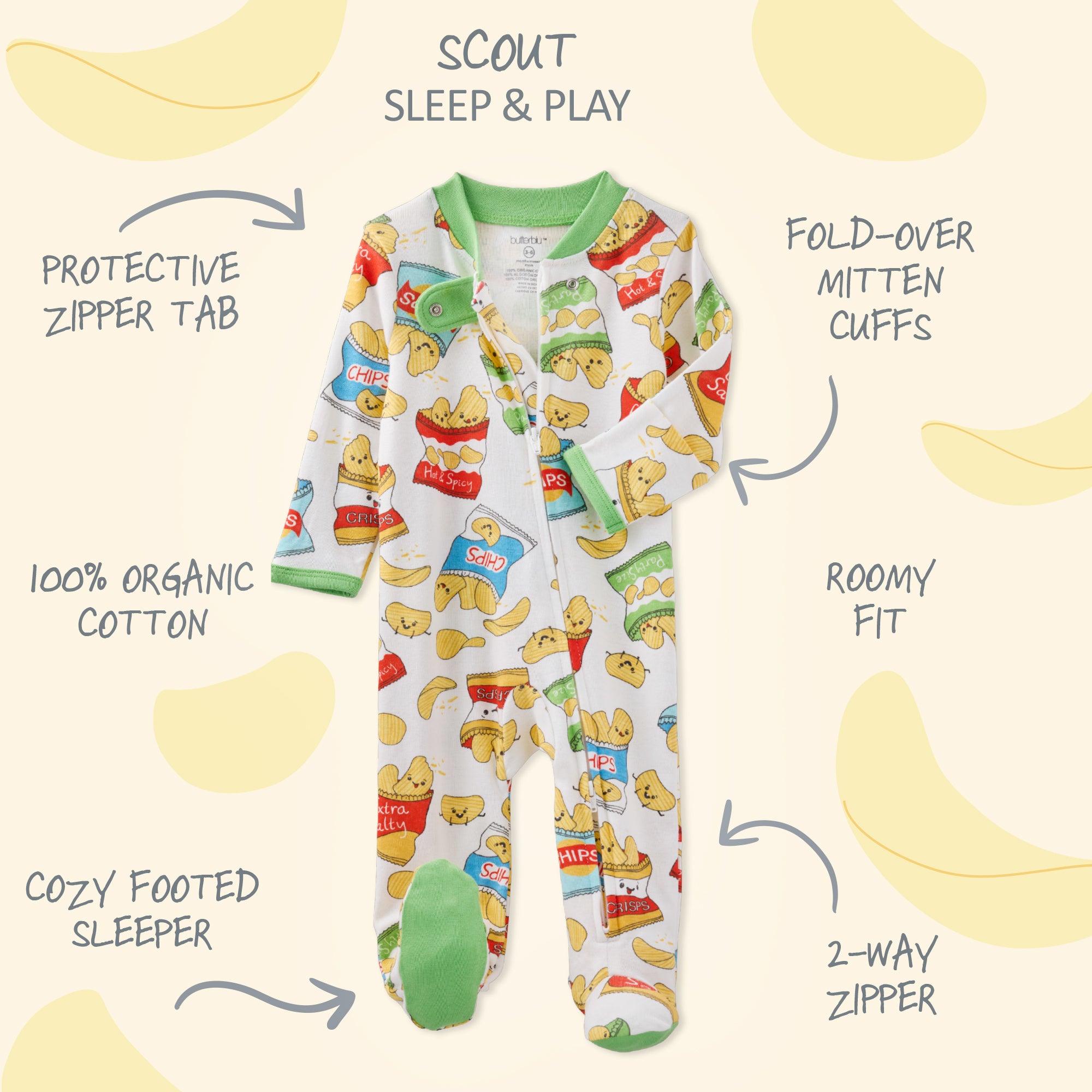 Baby onesie with cartoon design on a beige background with text labels.