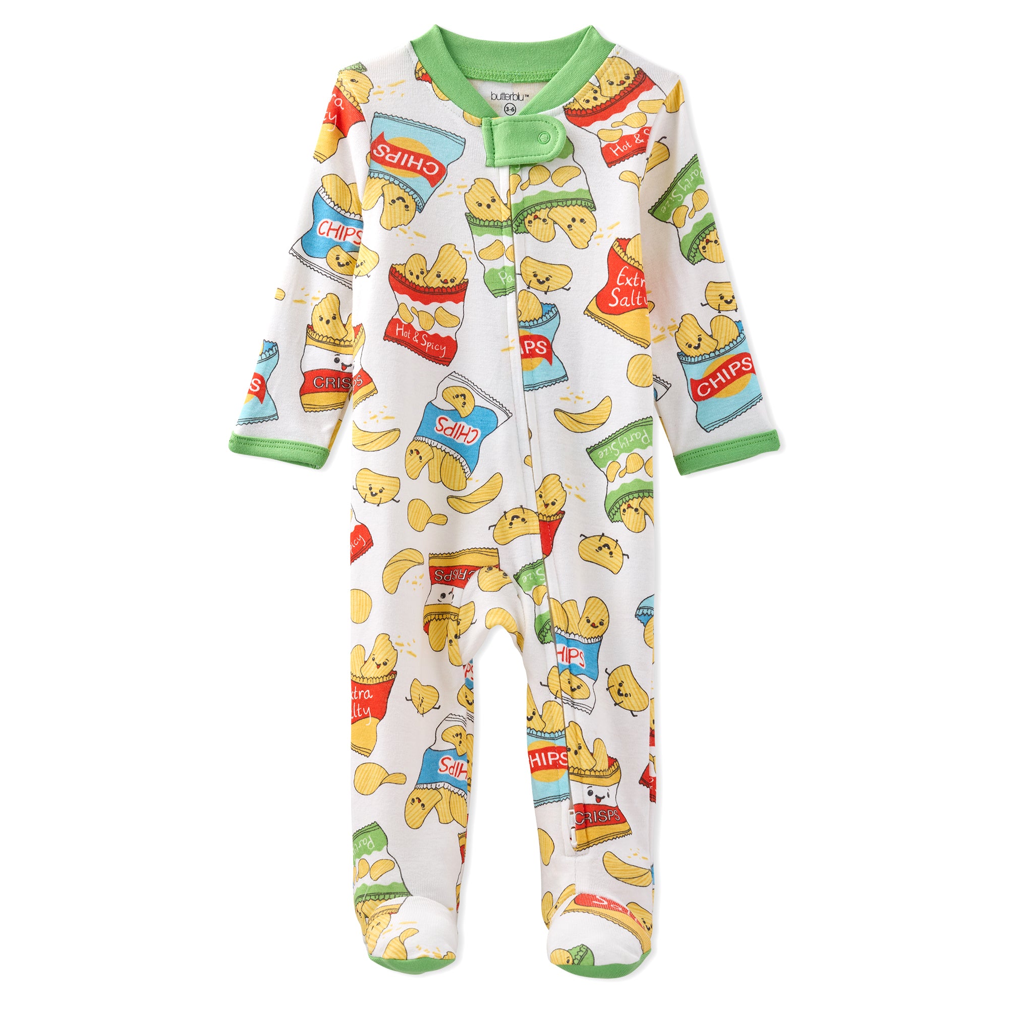 Baby onesie with cartoon character print on a white background