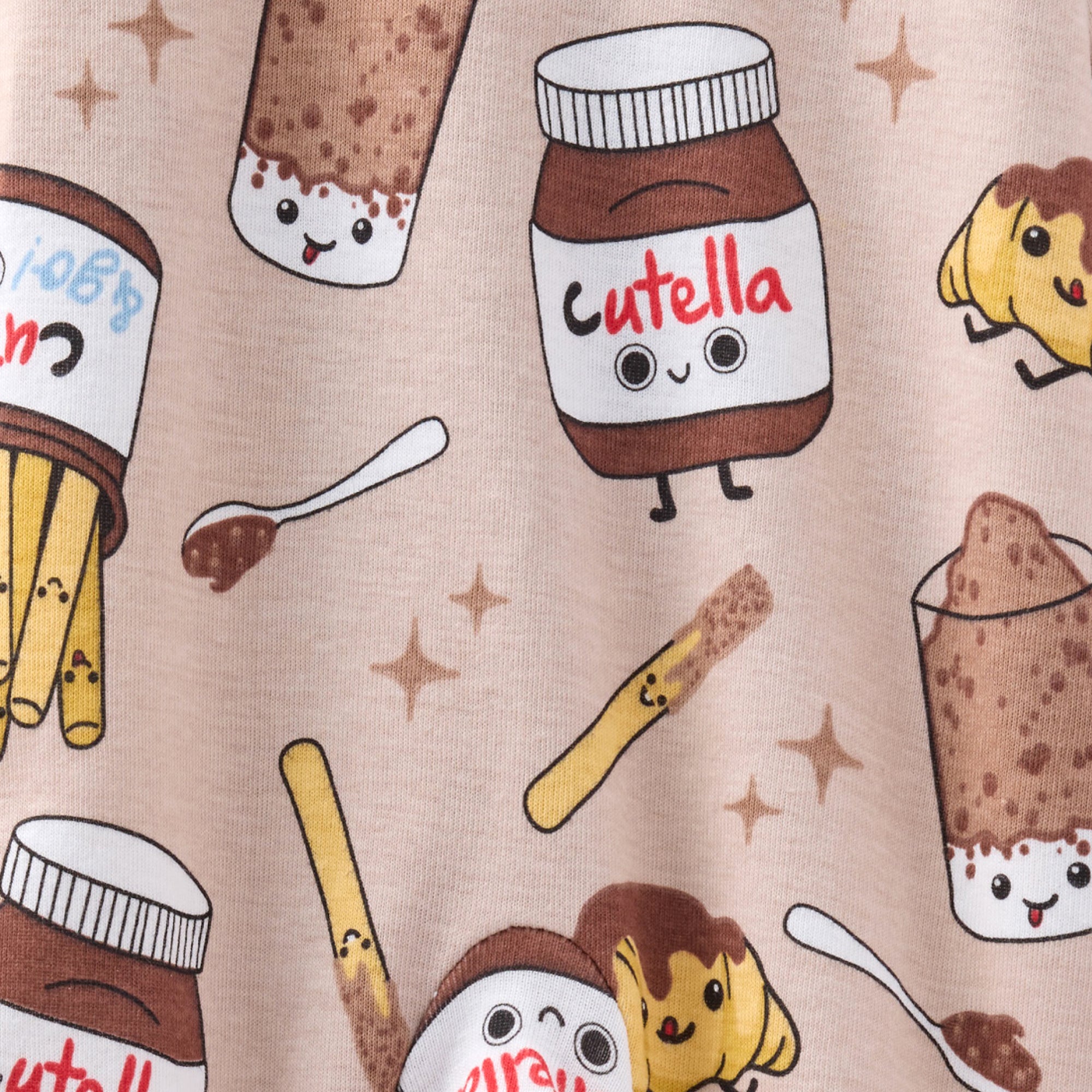 Pattern of cartoon-like 'Cutella' nutella jars, spoons, and other items on a beige background.