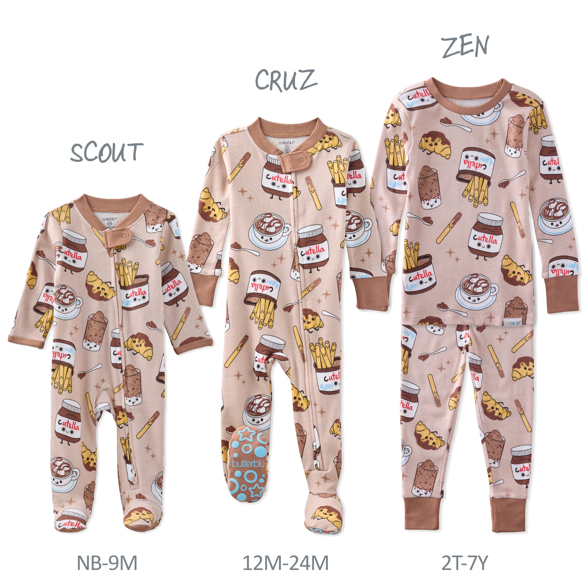 Three sizes of children's pajamas with a pattern of food items on a white background.