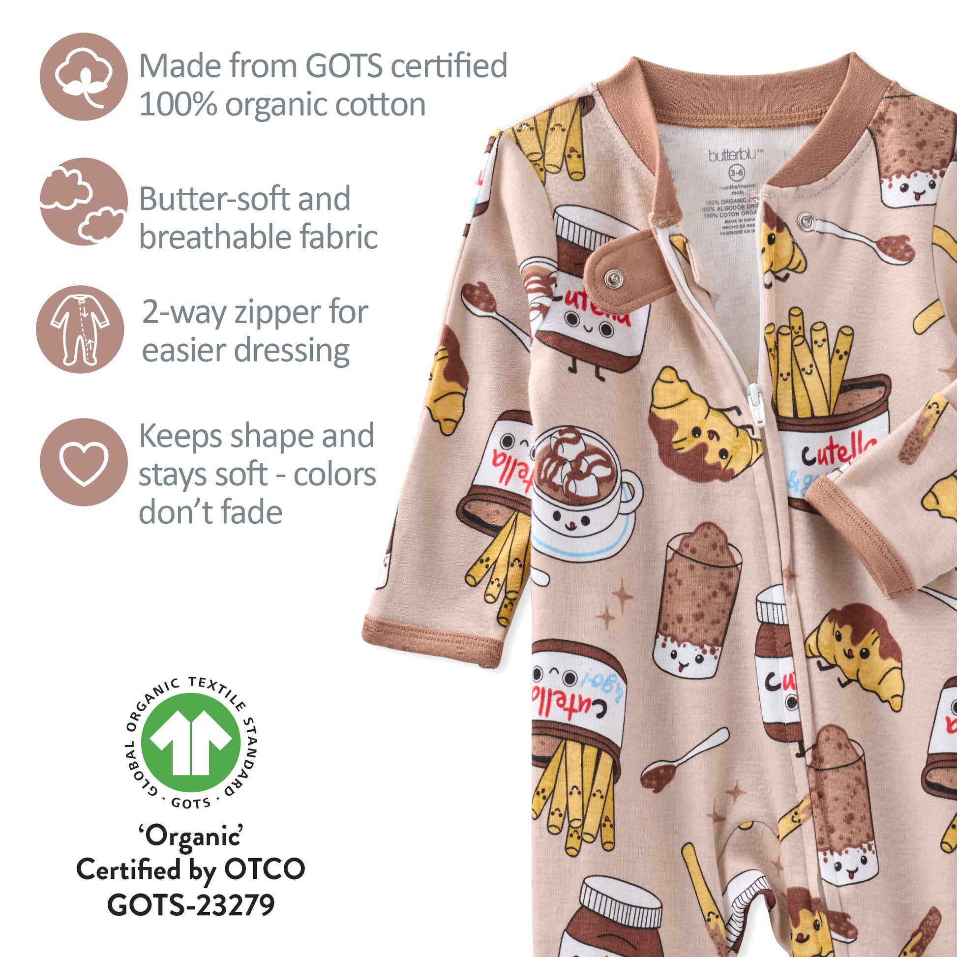 Children's onesie with food-themed pattern and product features listed on a white background