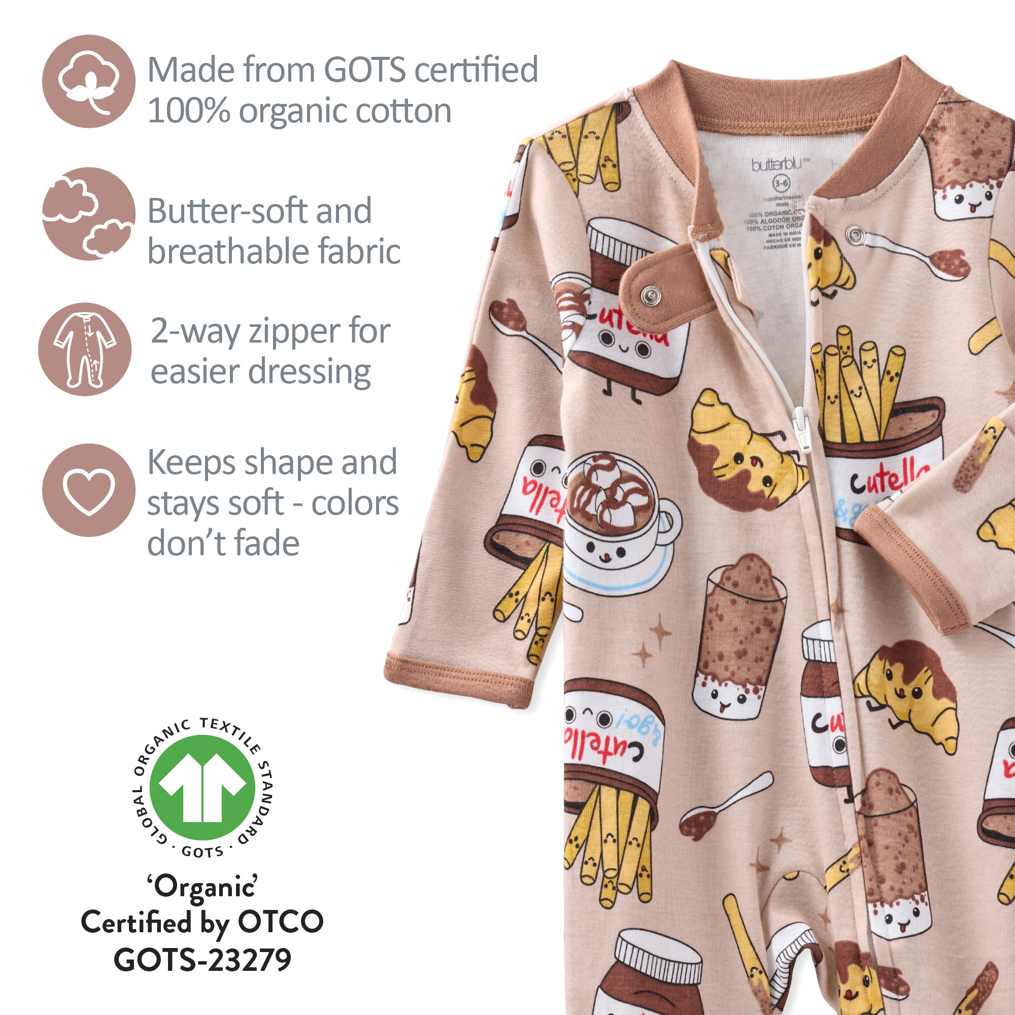 Children's onesie with food-themed pattern and product features listed on a white background