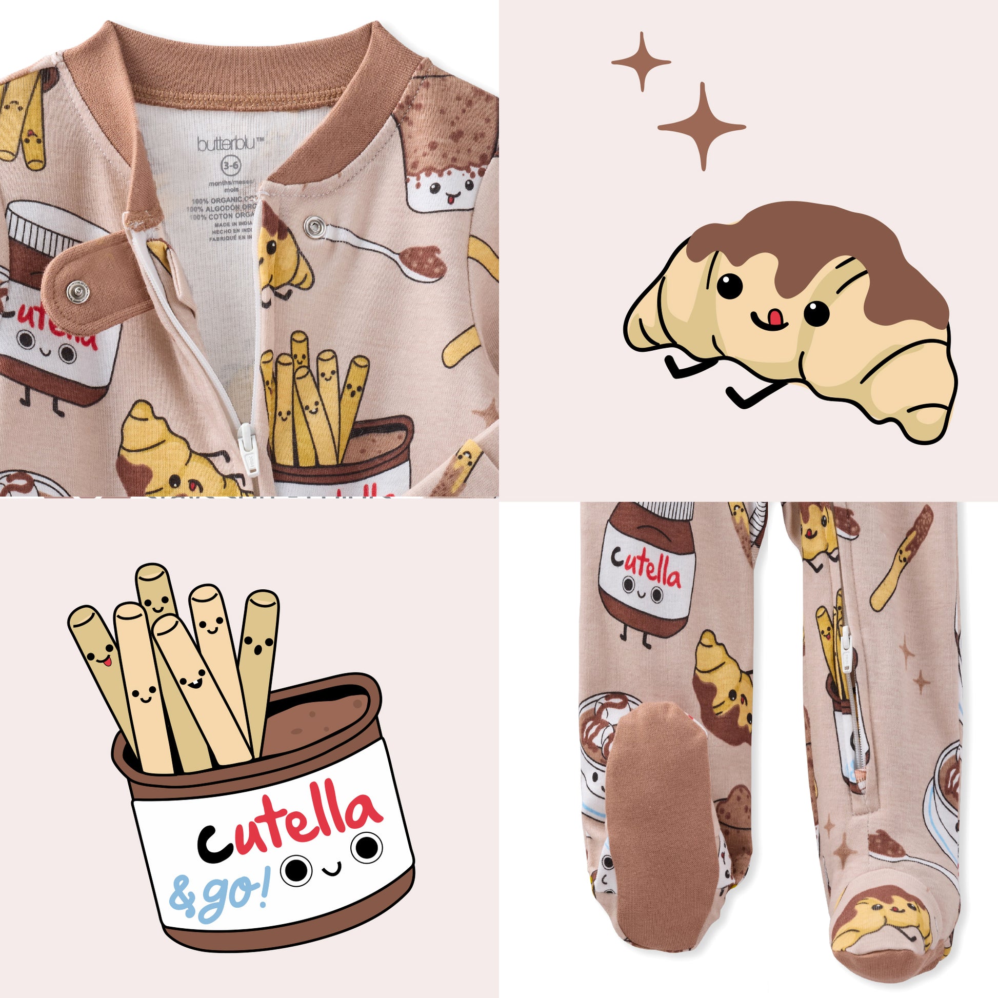 Baby outfit with Cutella & Co! branding featuring a cartoon design on a light pink background.