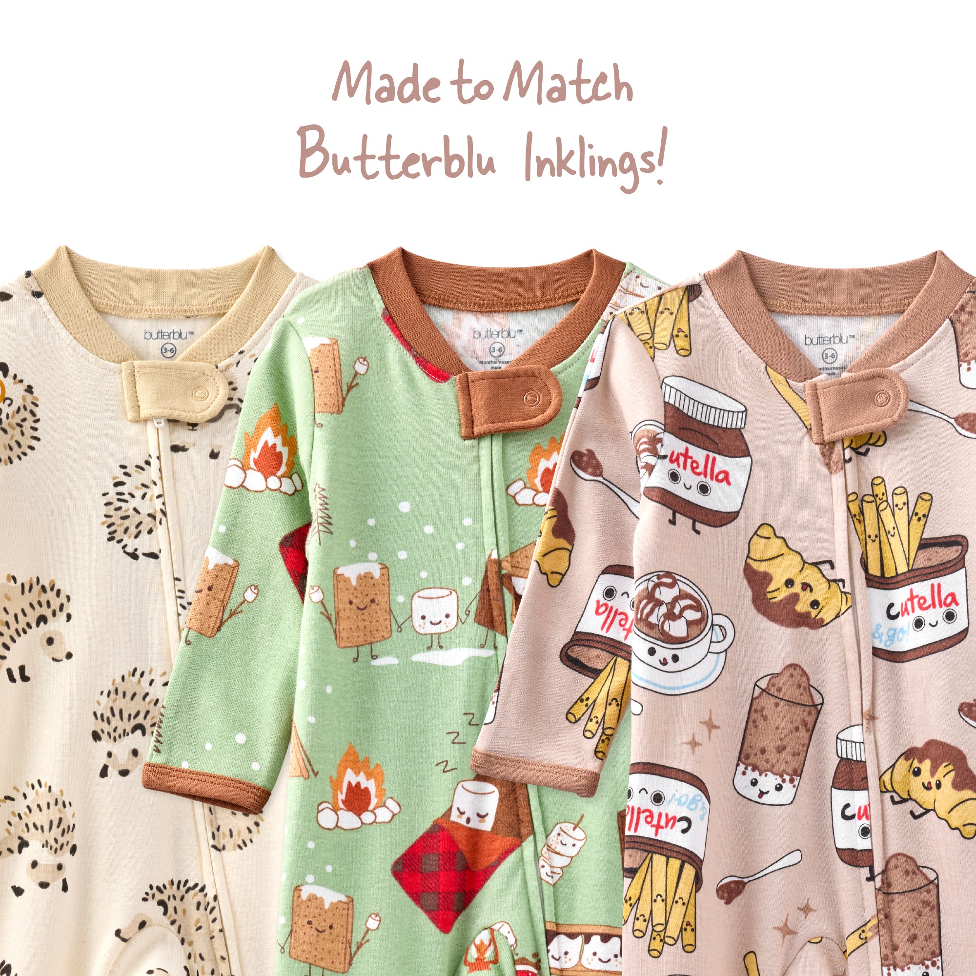 Three children's onesies with different patterns and colors, featuring brand 'Butterblu'.