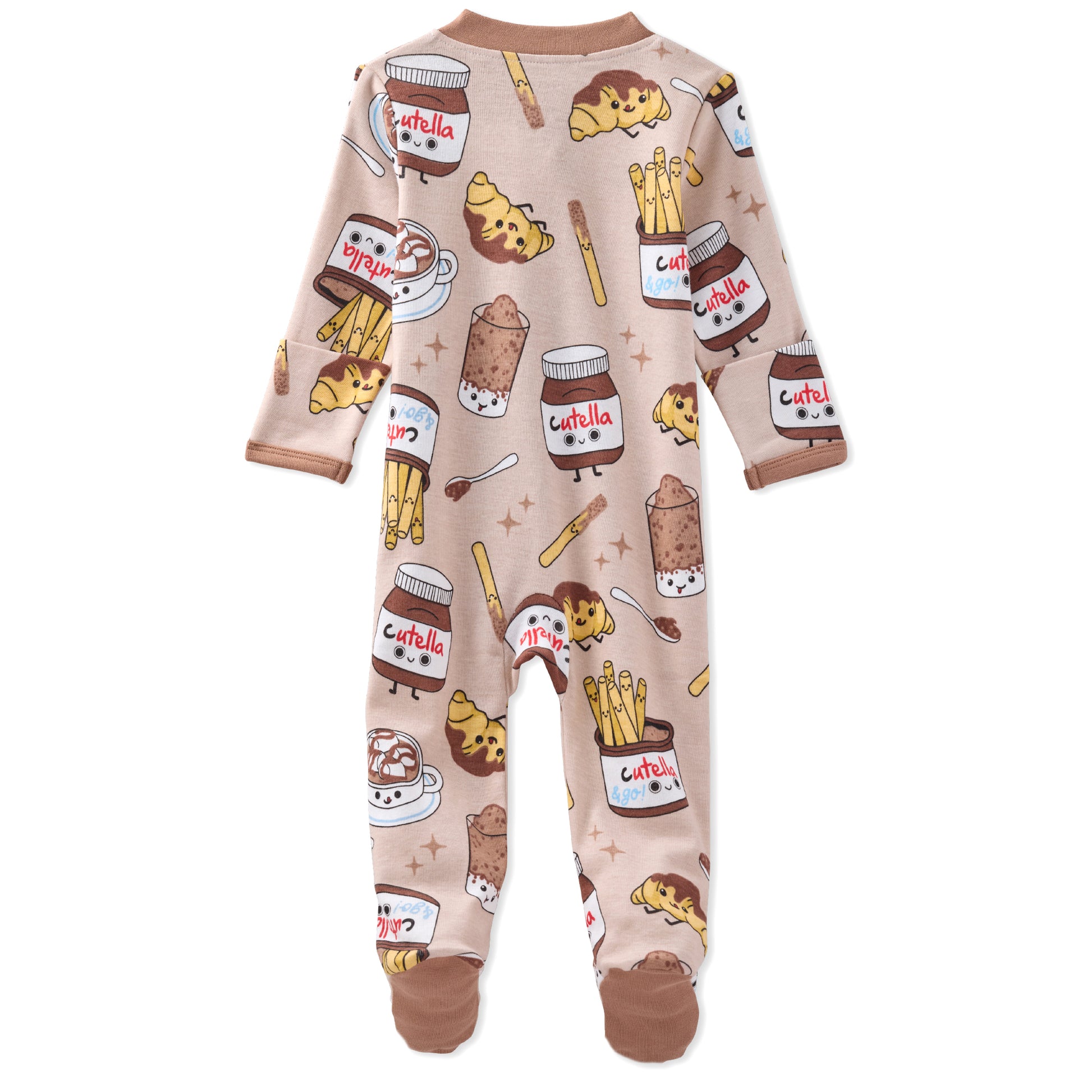 Children's onesie with food-themed print on a white background