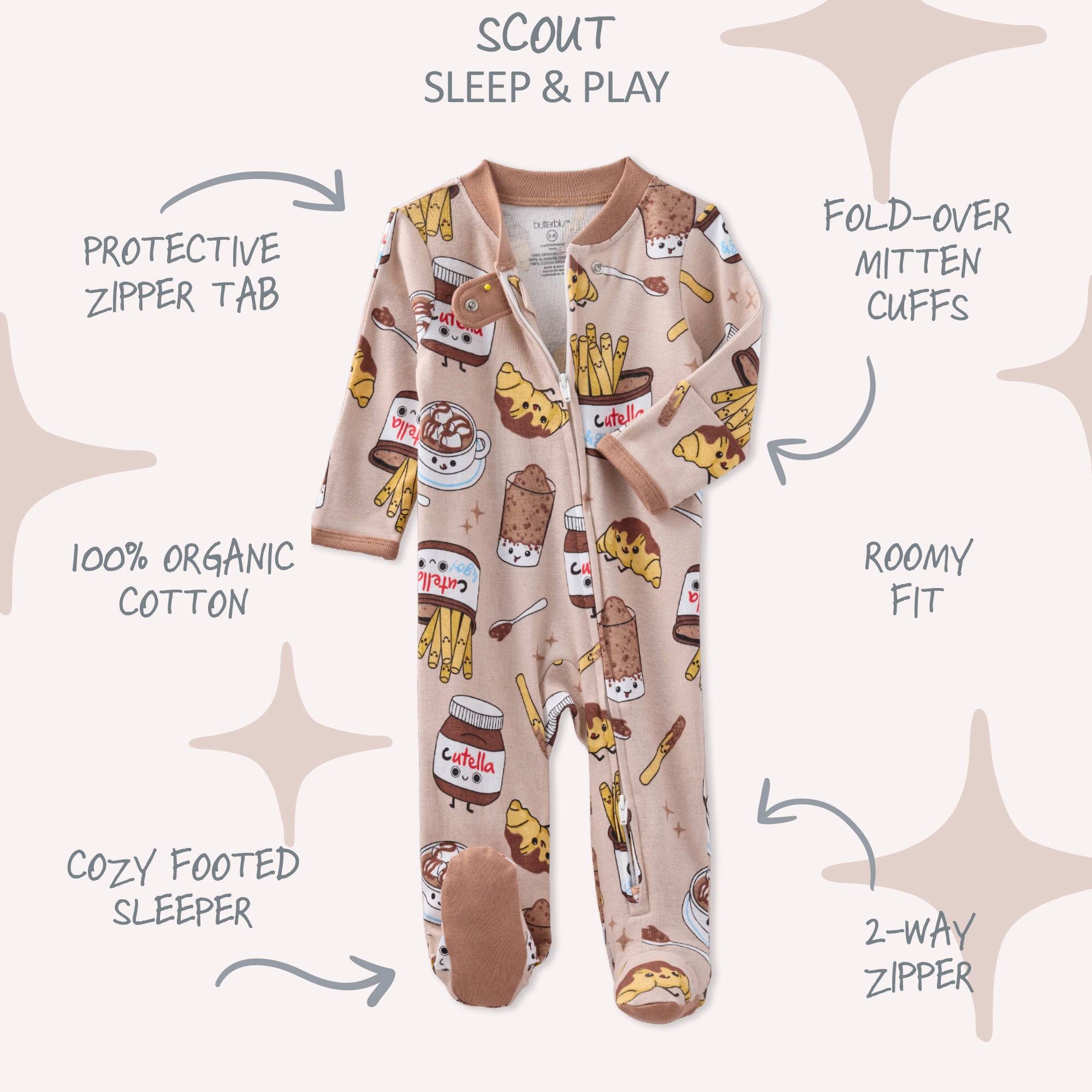 Children's pajama set with food-themed print on a beige background, featuring text labels about the product features.