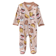 Baby onesie with food-themed print on a white background