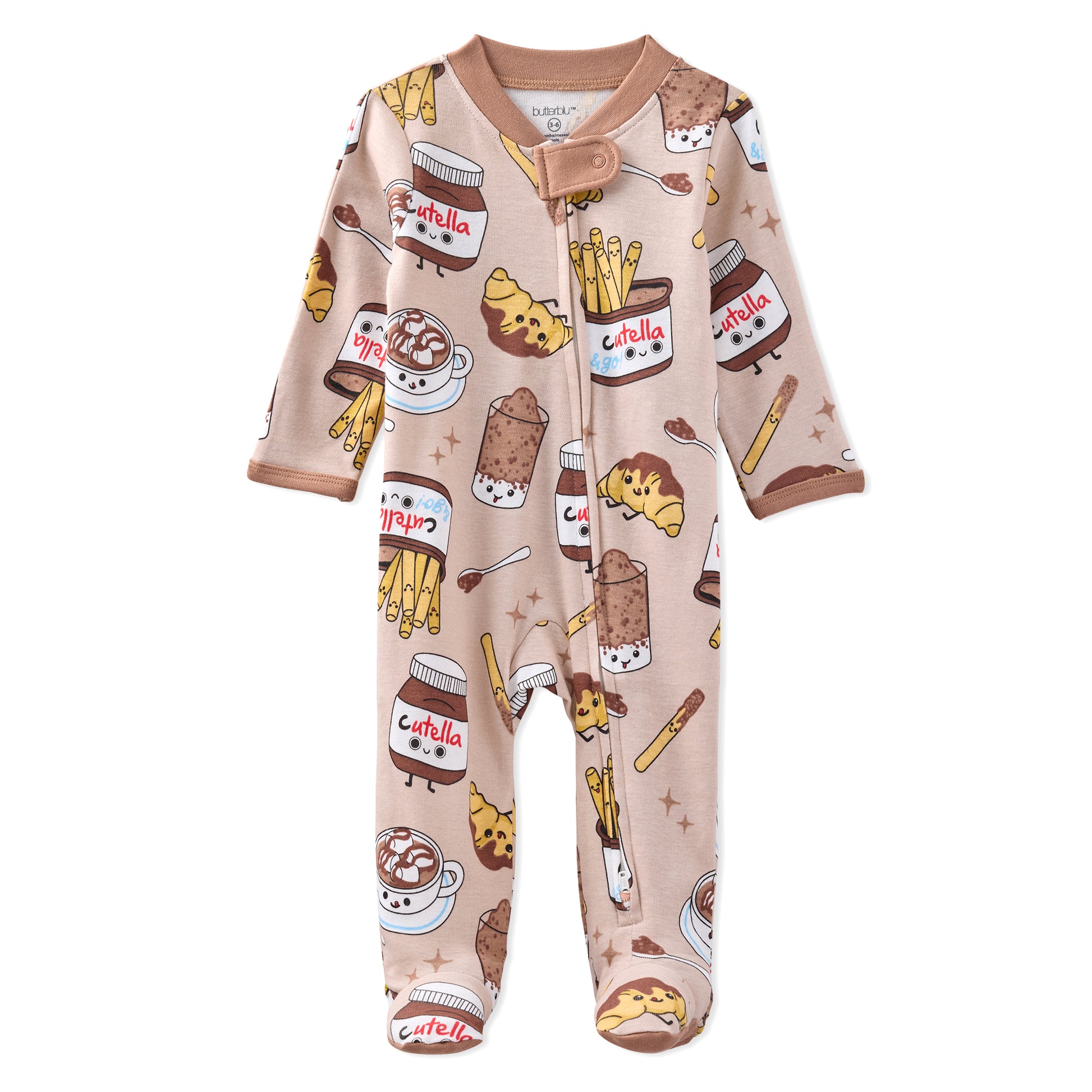 Baby onesie with food-themed print on a white background