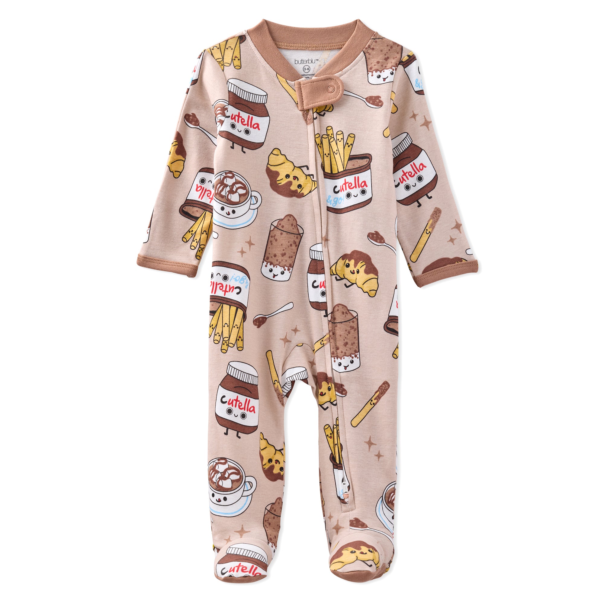 Baby onesie with food-themed print on a white background