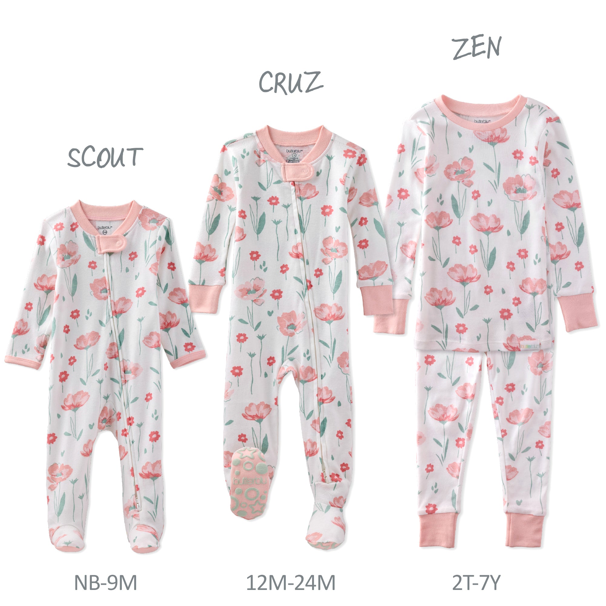 Floral-patterned baby onesies in various sizes on a white background