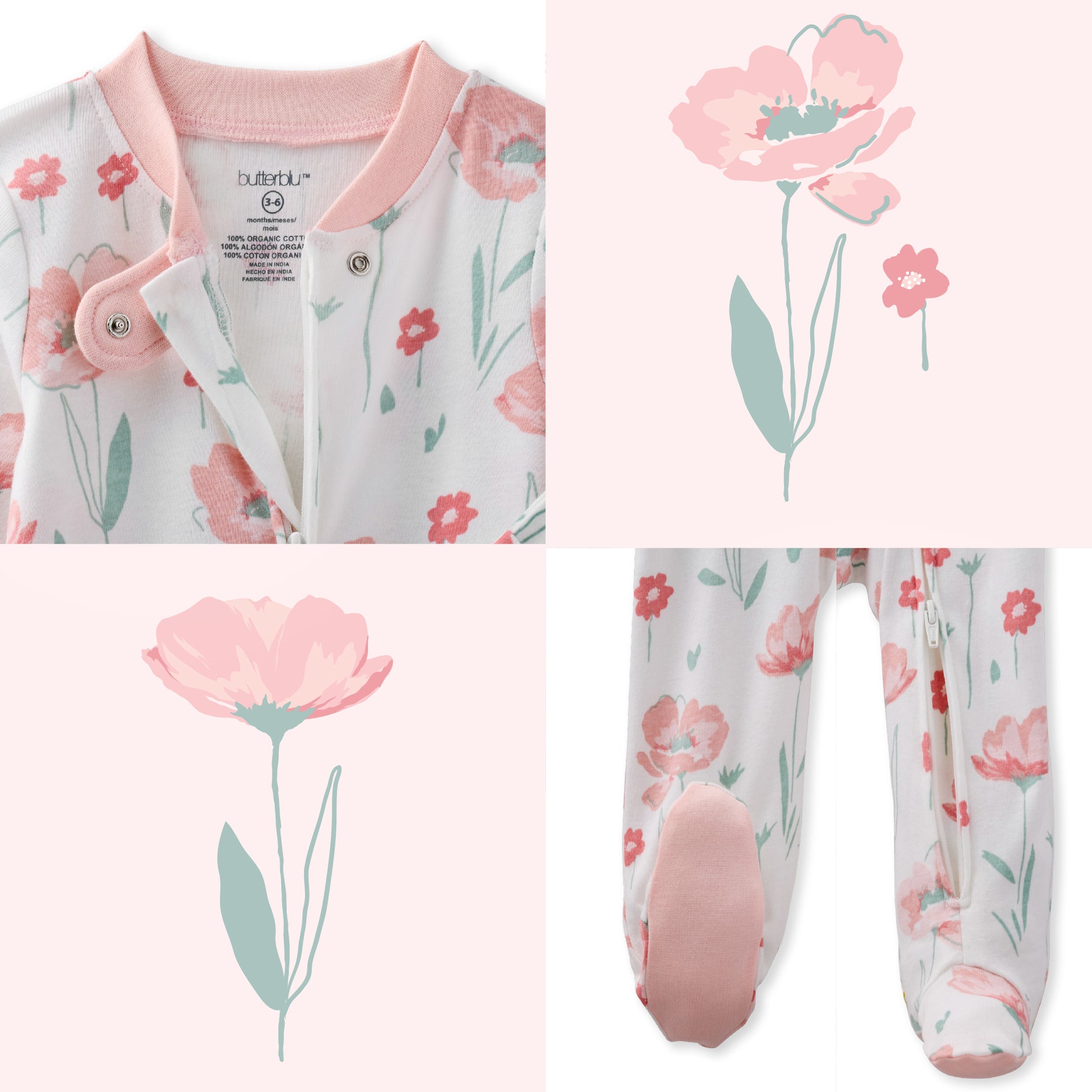 Floral-patterned baby onesie with pink accents and flower illustrations on a white background.