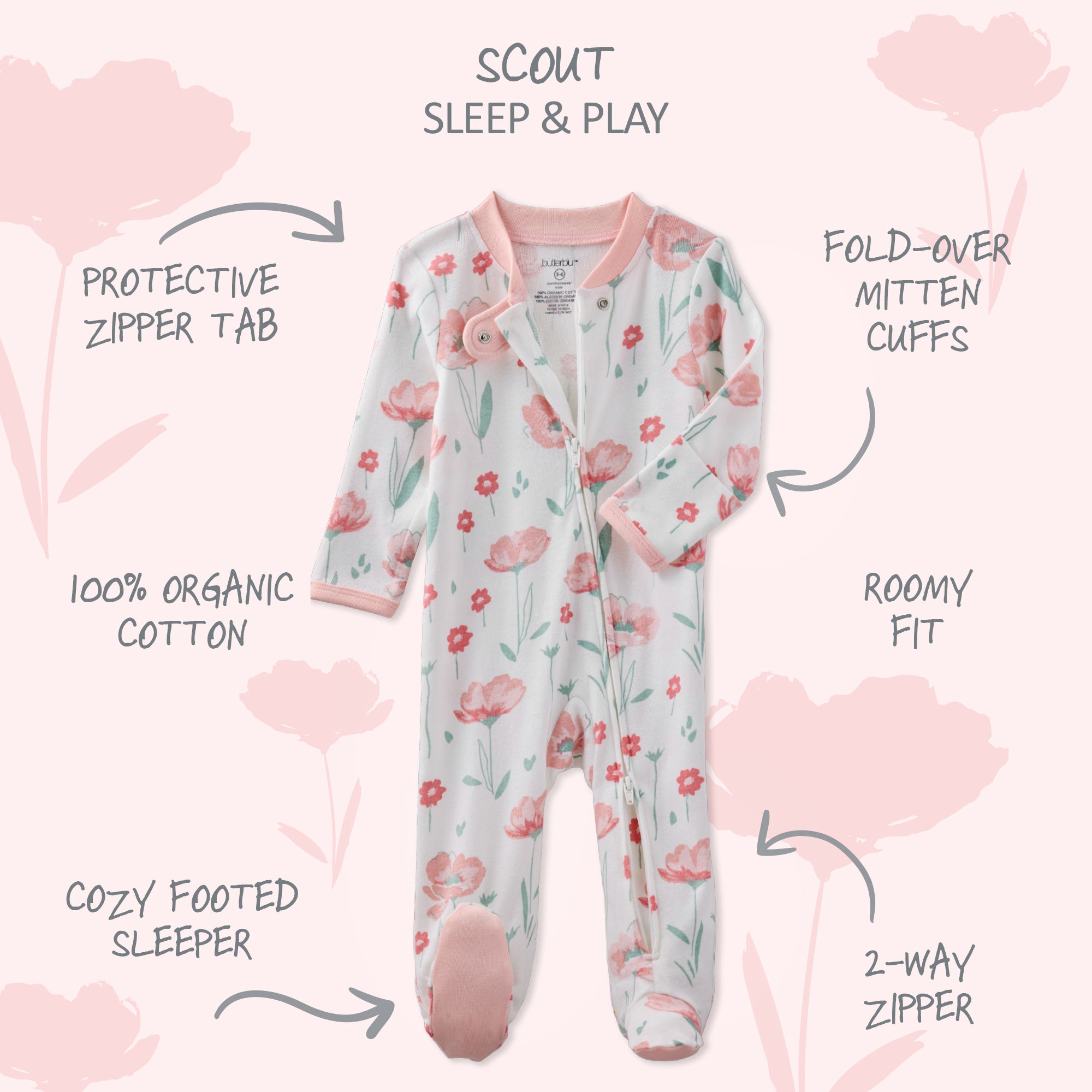 Baby sleep and play outfit with floral pattern on a white background