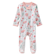 Floral-patterned baby onesie with pink accents on a white background