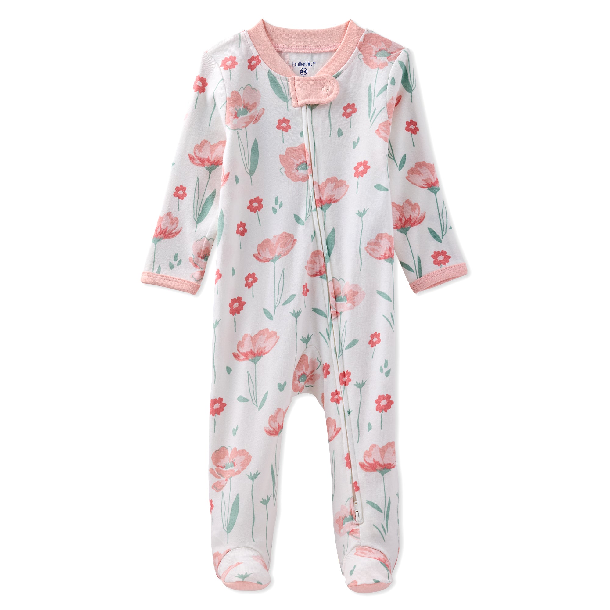 Floral-patterned baby onesie with pink accents on a white background