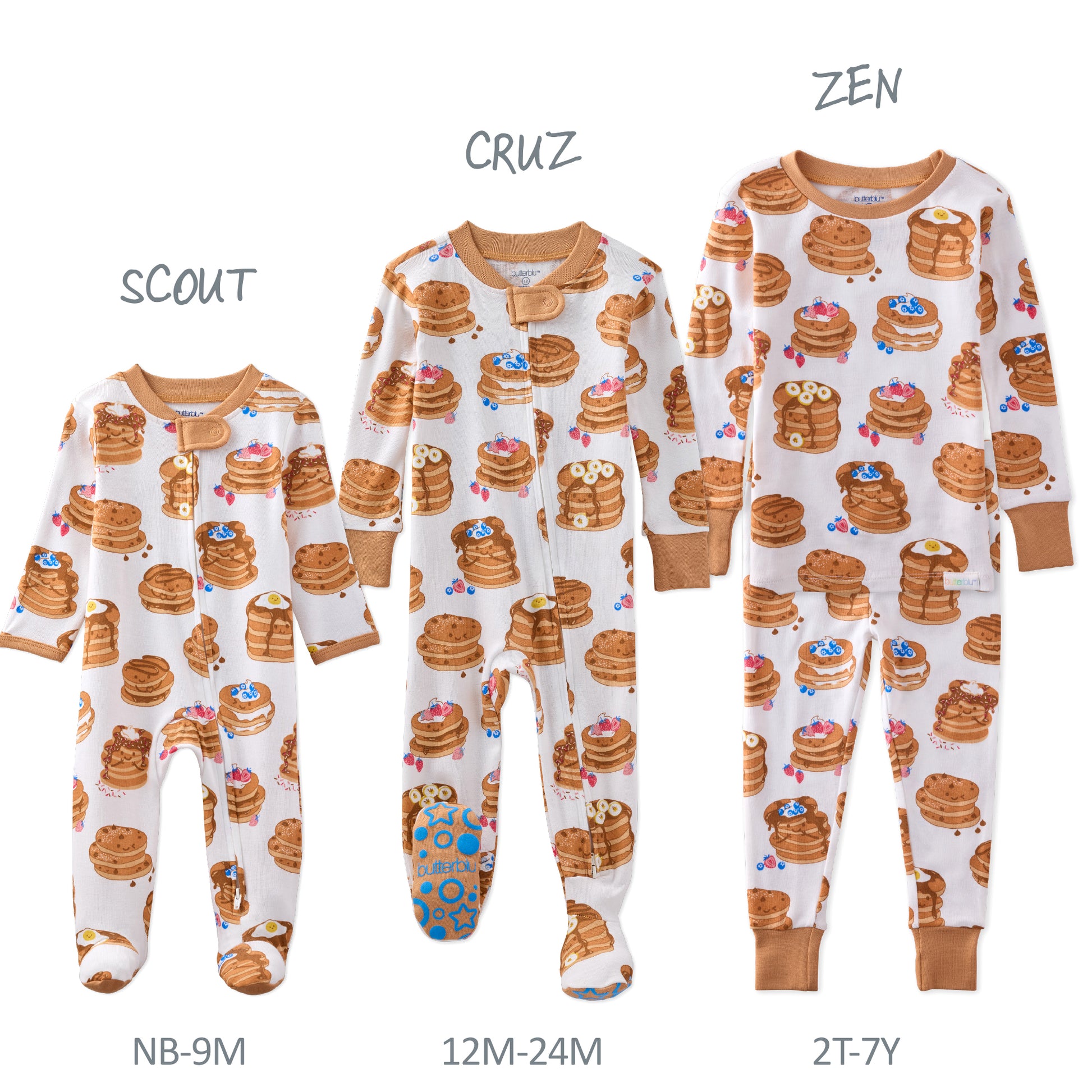 Children's pajamas with pancake pattern in various sizes on a white background