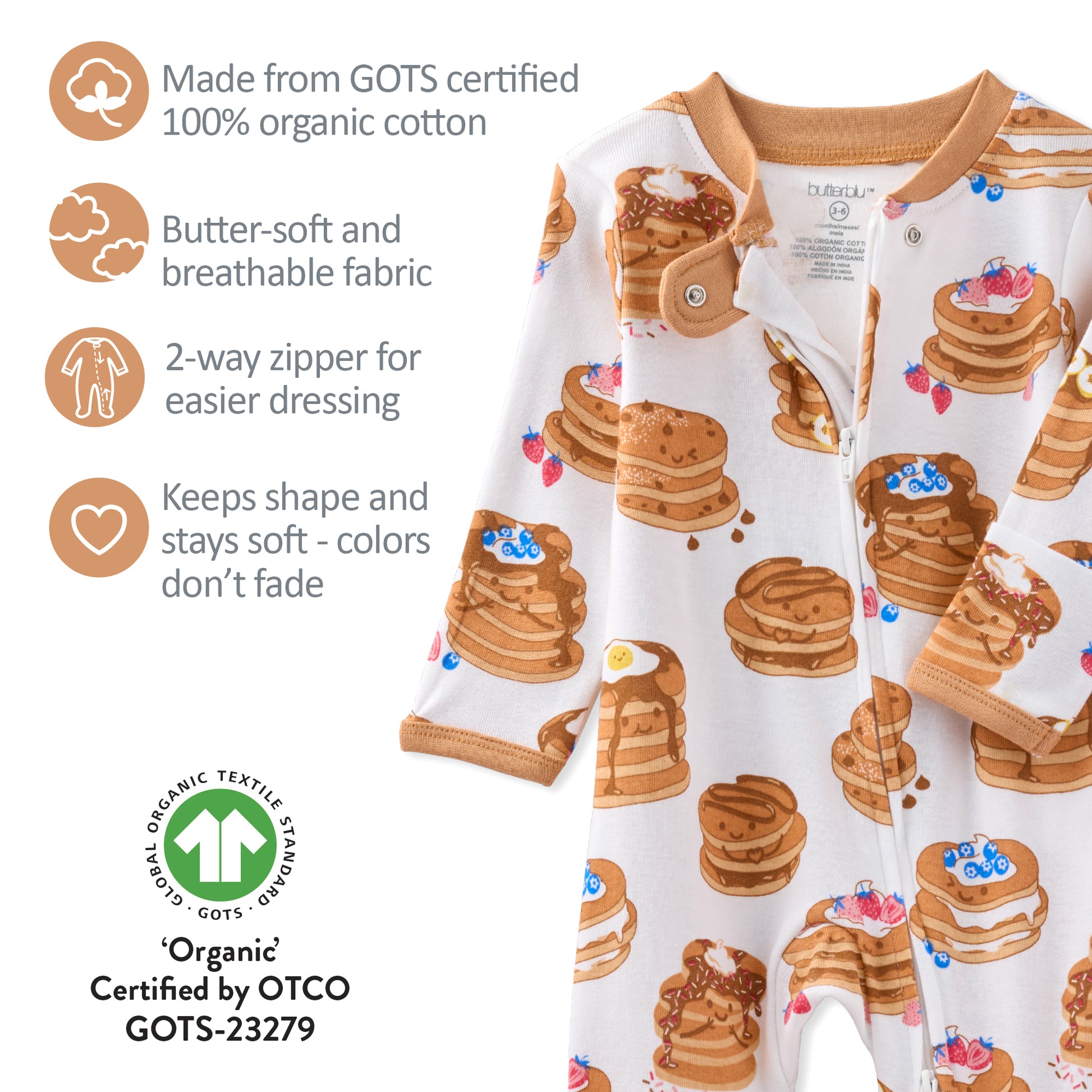 Baby onesie with pancake pattern and product features listed