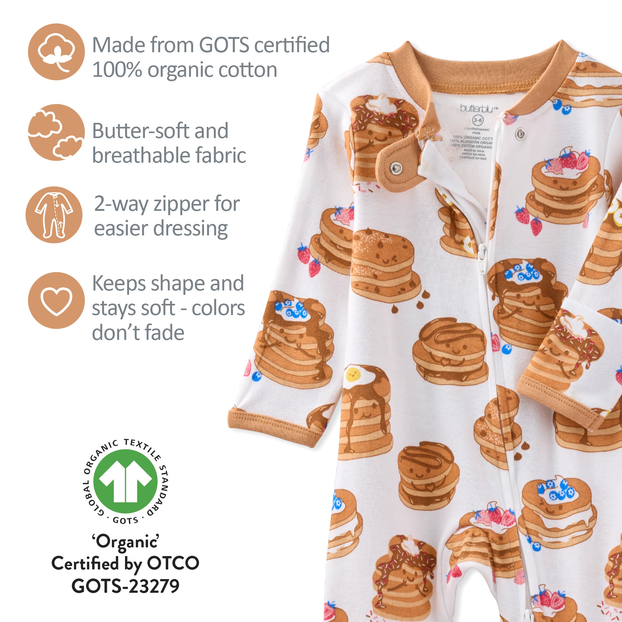 Baby onesie with pancake pattern and product features listed