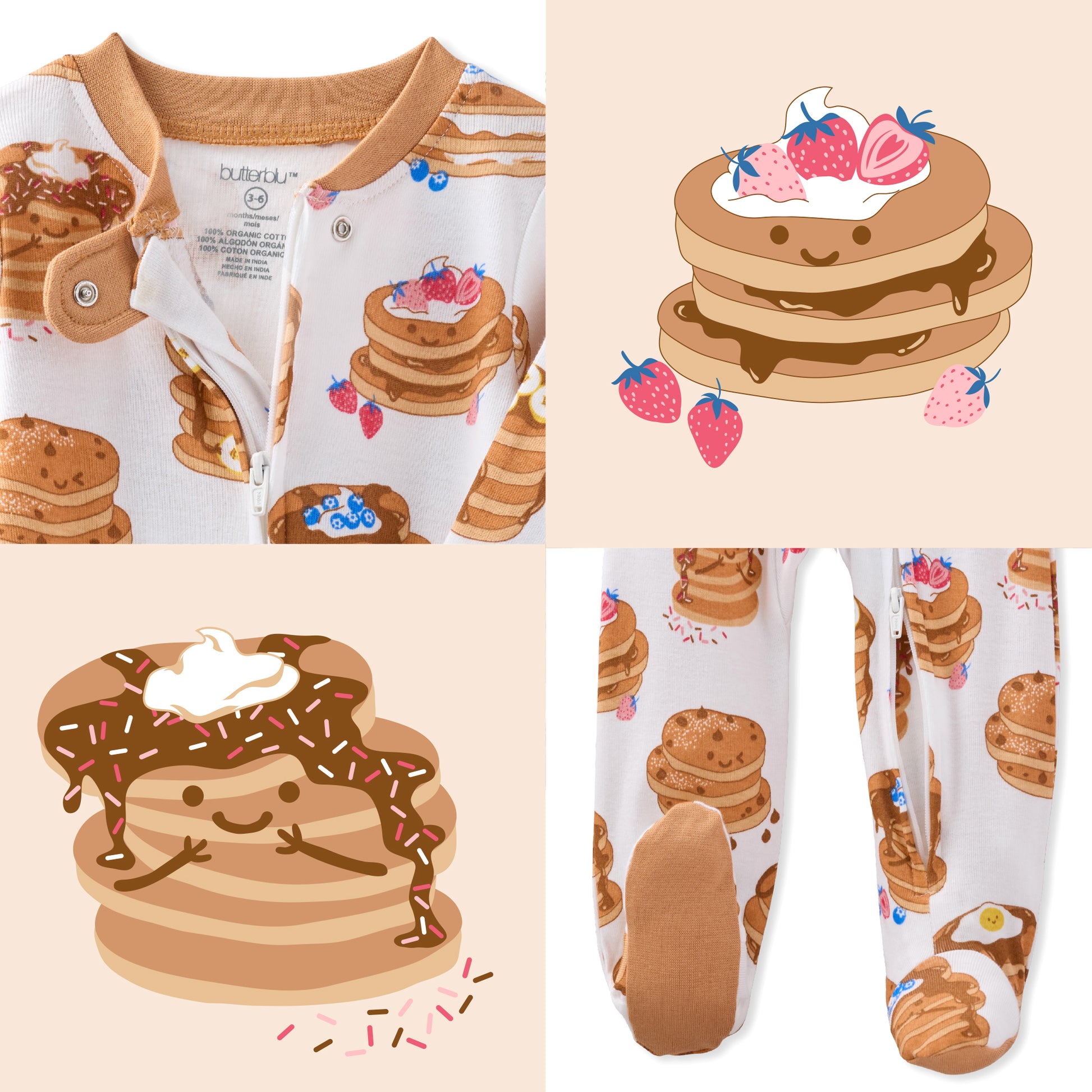 Children's pajama set with cartoon pancake design on a beige background
