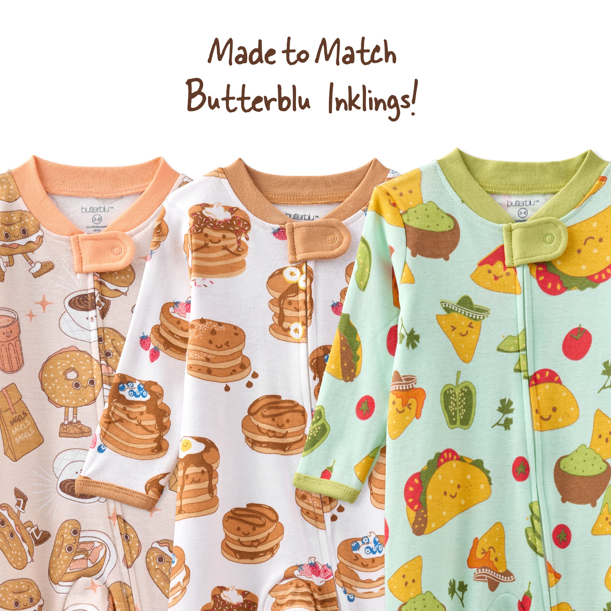 Three baby rompers with different patterns on a white background