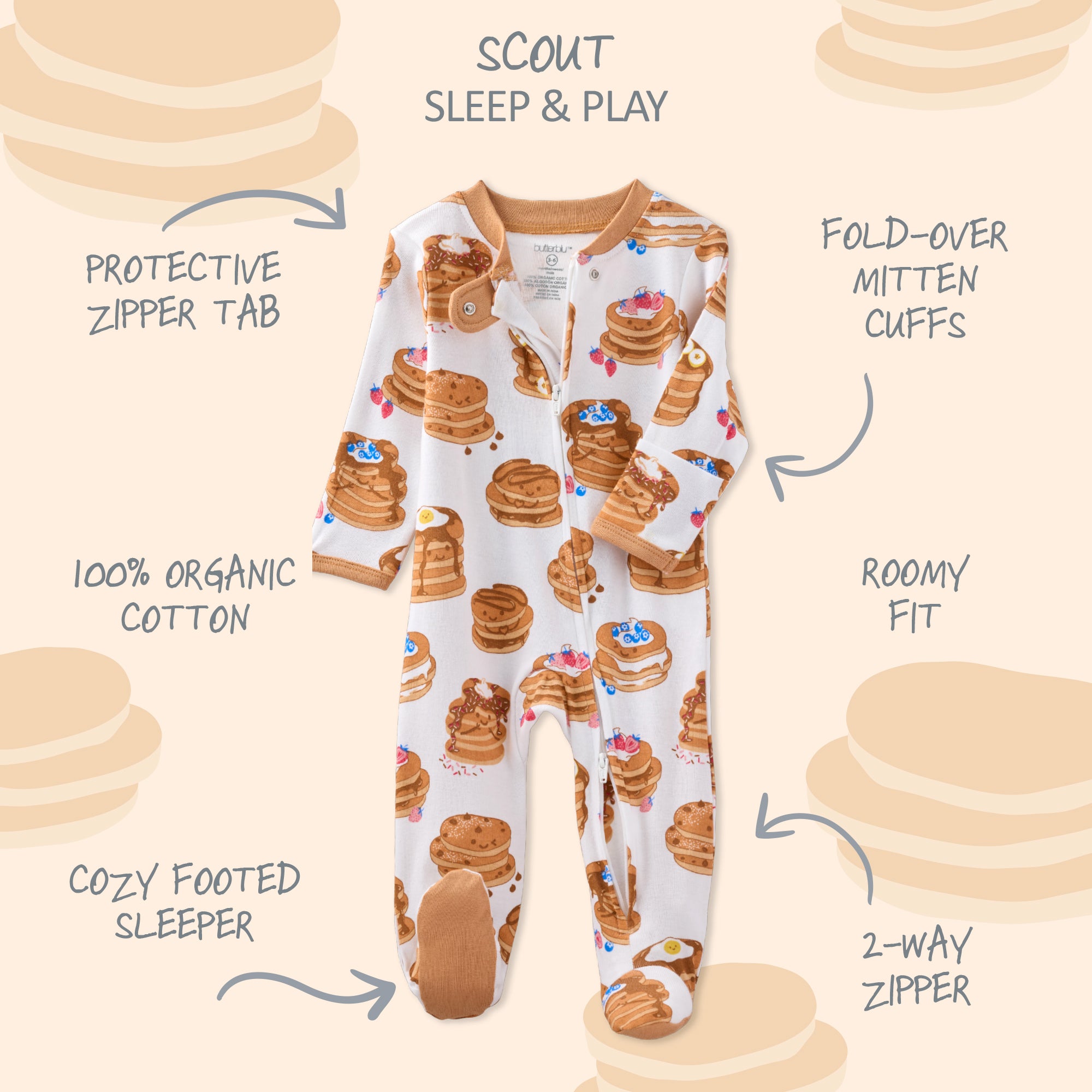 Baby onesie with pancake pattern on a beige background with text labels.