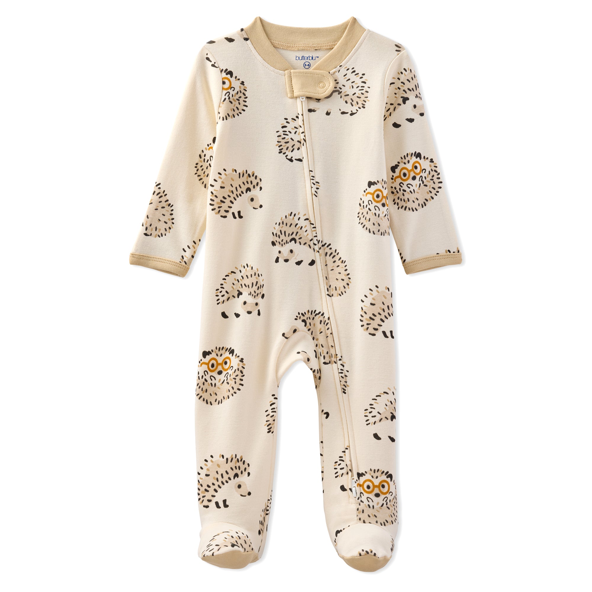 Baby onesie with hedgehog pattern on a white background