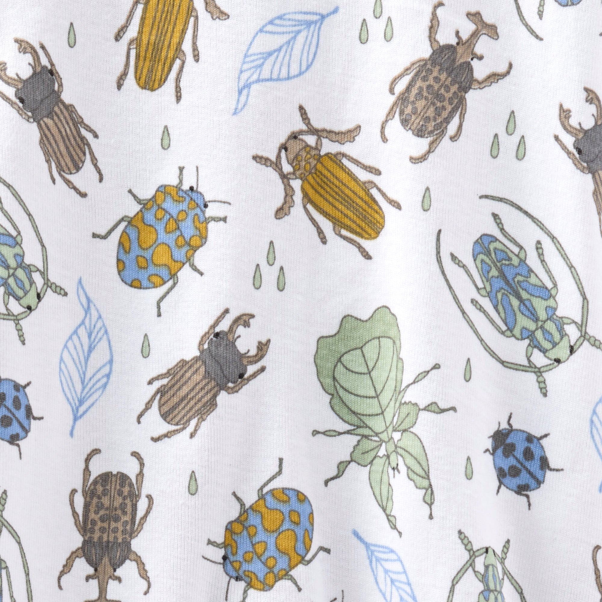 Pattern of beetles and leaves on a white background